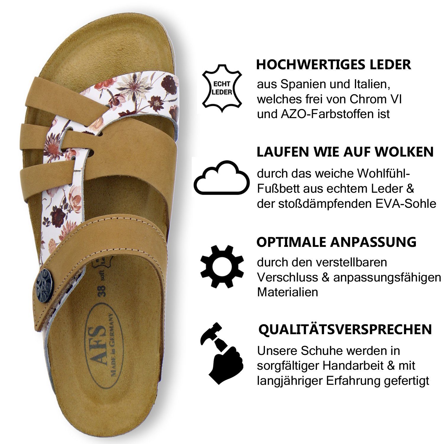 mit Germany 2120 Klettverschluss; AFS-Schuhe aus in natur/flower Pantolette für Made Leder Damen
