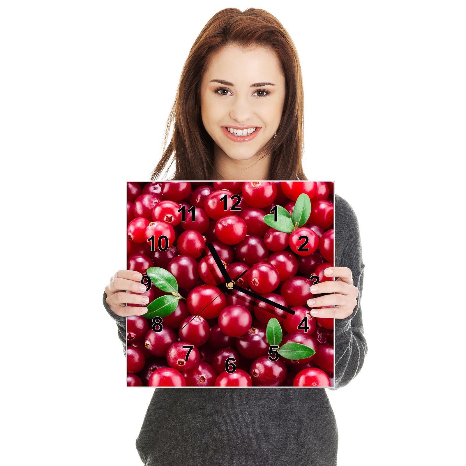 30 Primedeco cm Größe Wanduhr Motiv mit Blatt Cranberrys Wandkunst Wanduhr mit Glasuhr 30 x