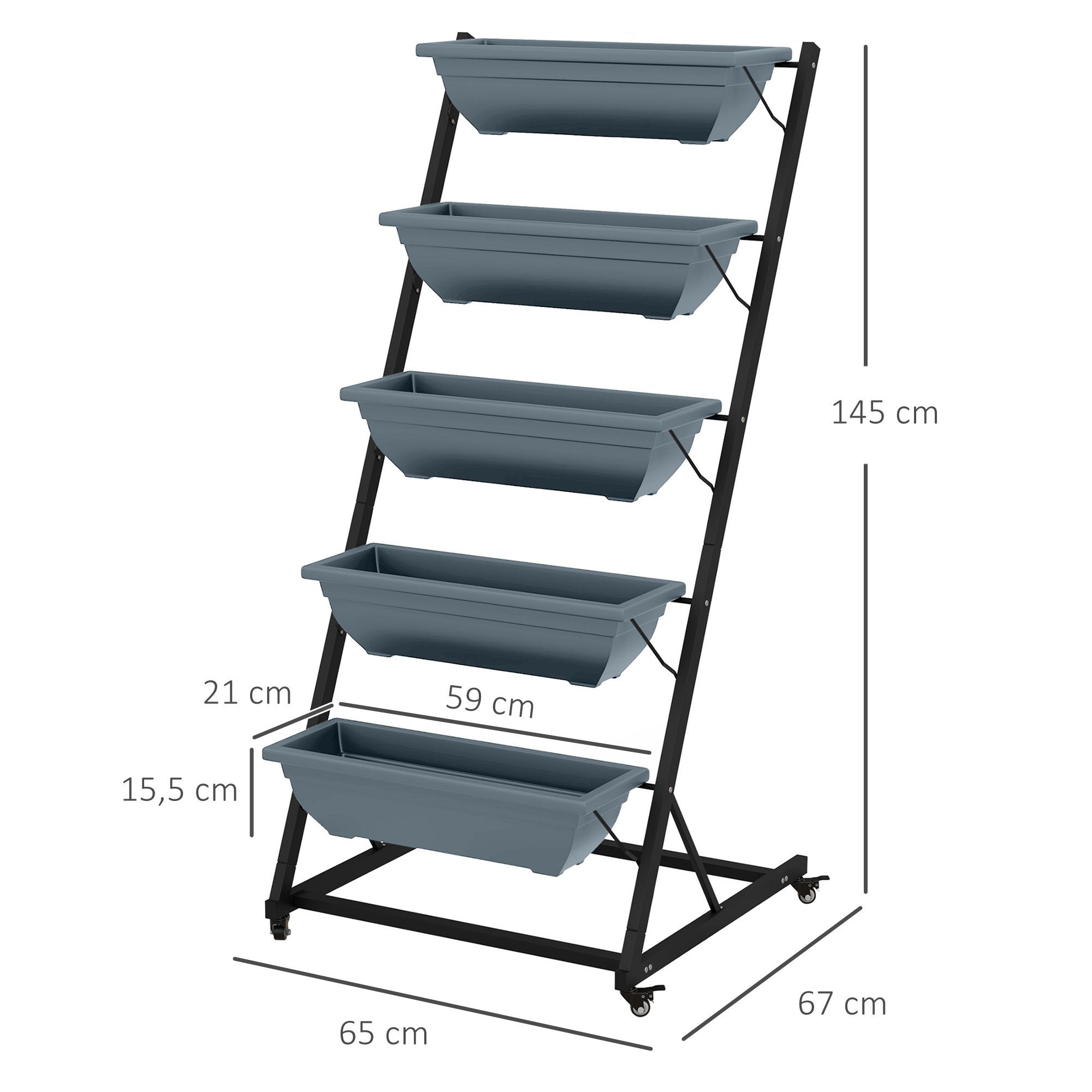 Outsunny Pflanzentreppe Blumenständer mit 5 Etagen Pflanzenständer mit Rollen, Löchern (Pflanzenregal, 1 St., Blumenständer), für Garten, Stahl, Grau, 65 x 67 x 145 cm