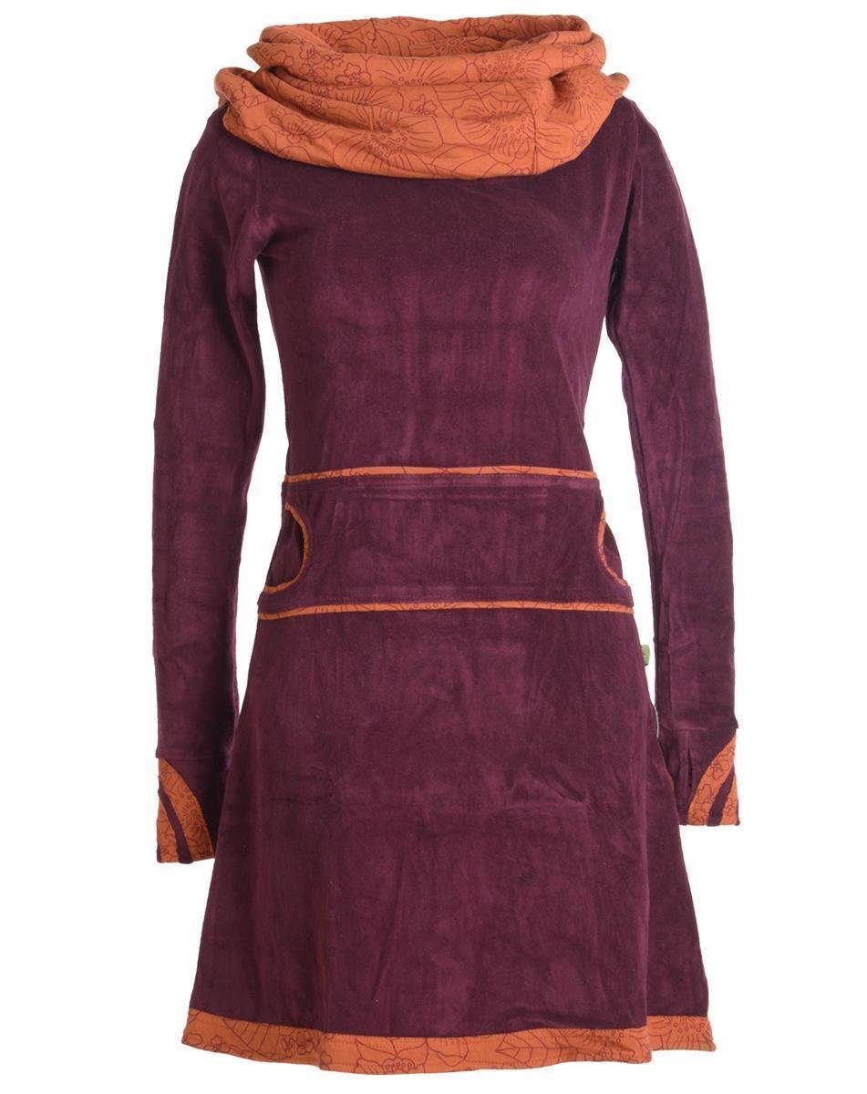 Vishes Midikleid Samtkleid warm mit großem Kapuzenkragen Ethno, Hippie, Goa, Elfen Style