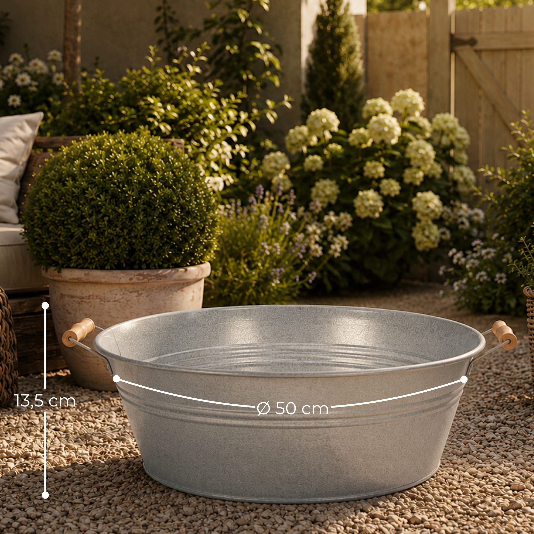 matches21 HOME & HOBBY Blumentopf Große Zinkwanne mit Holzgriffen als wetterfeste Deko-Schale 50 cm (1 St), Metall-Schale für Draußen als Garten Pflanzschale Solarbrunnen