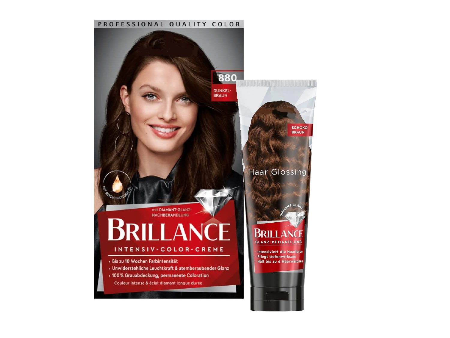 Schwarzkopf Haarfarbe BRILLANCE Intensiv-Color-Creme Dunkelbraun (1x 170ml), & Glanz-Behandlung Haar Glossing Schoko Braun (1x 150ml), 2-tlg., Doppelpack, hält bis zu 6 Haarwäschen