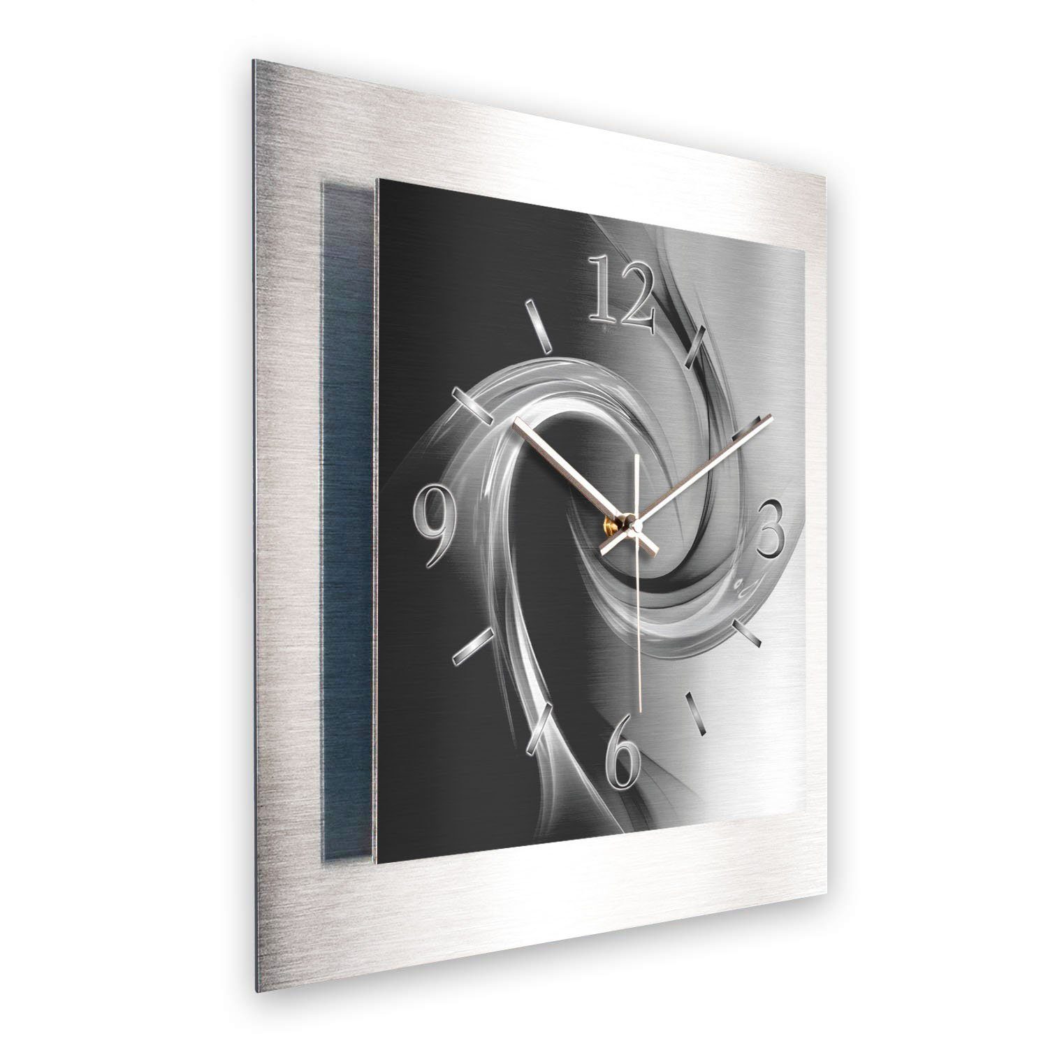 Weiß“ 3D Wanduhr Schwarz einzigartiges Uhrwerk) flüsterleises (3D-Wölbung; „Abstrakt Zwei-Platten-Design; Feder Designer-Wanduhr Kreative aus Aluminium gebürstetem