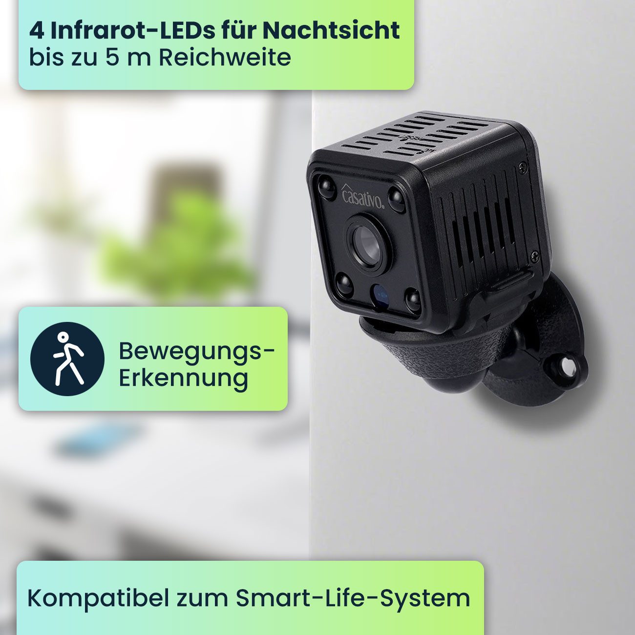 Casativo Überwachungskamera Micro-IP-Kamera Akkubetrieb HD 720p, 120° Weitwinkel, Nachtsicht (WLAN: Diskret, leistungsstark, Bewegungs-Erkennung)
