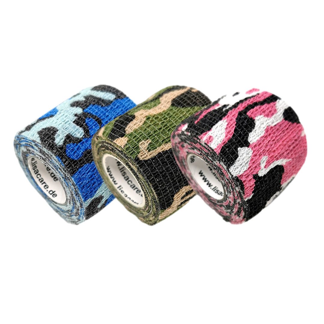 LisaCare Wundpflaster Selbstklebender Пластырьverband - Kohäsiver Verband/Bandage (Set, 3 St., 1 x Camo-Blau, Grün & Rosa / 5cm x 4,5m), Medizinisch Zertifiziert!