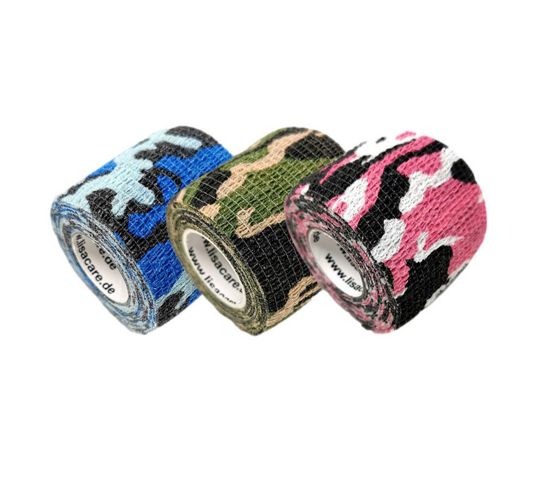 LisaCare Wundpflaster Selbstklebender Pflasterverband - Kohäsiver Verband/Bandage (Set, 3 St., 1 x Camo-Blau, Grün & Rosa / 5cm x 4,5m), Medizinisch Zertifiziert!