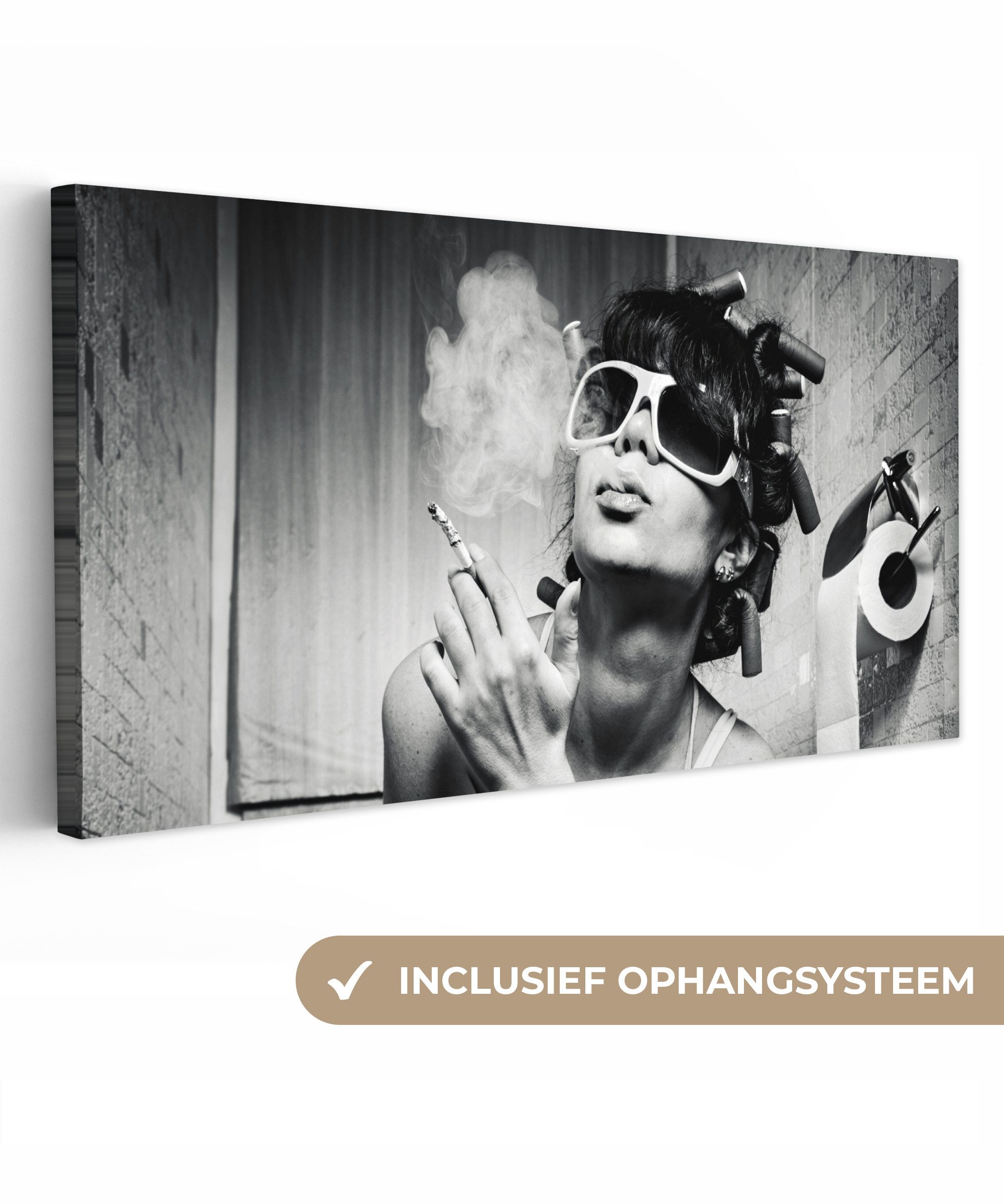 OneMillionCanvasses® Leinwandbild Panorama Frau - Vintage - Lockenwickler - Toilette - Zigarette, Fotodruck (1 St), Leinwand Bilder für Wohnzimmer Schlafzimmer 60x30 cm