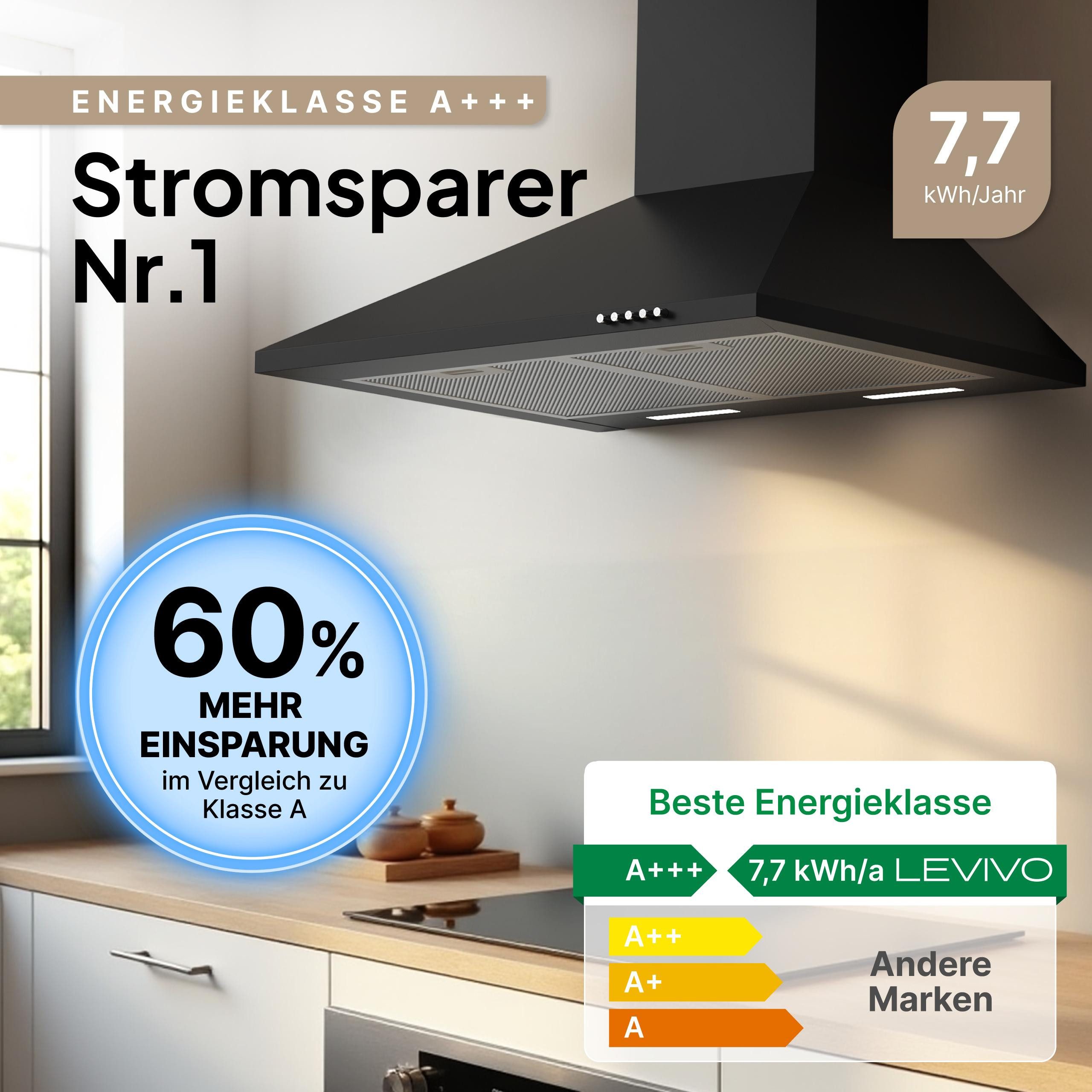 Levivo Wandhaube A+++ Dunstabzugshaube 60cm und 90cm Umluft & Abluft mit 410 m³/h Aktivkohlefiltern, Fettfiltern, LED-Beleuchtung – Bild 4 von 5