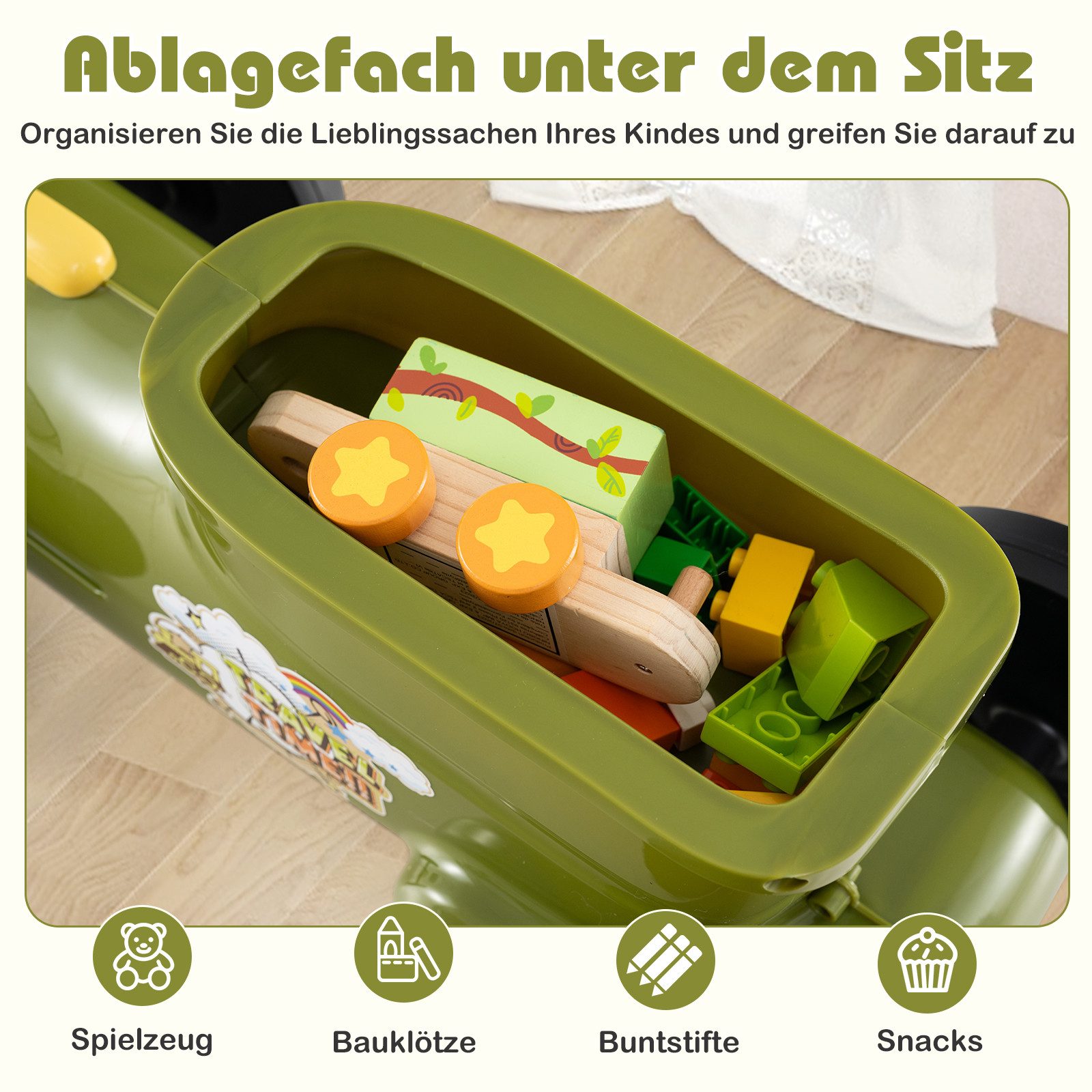 KOMFOTTEU Rutscherauto, Rutschfahrzeug mit Lenkrad, Zuggeräusche & Stauraum unter dem Sitz