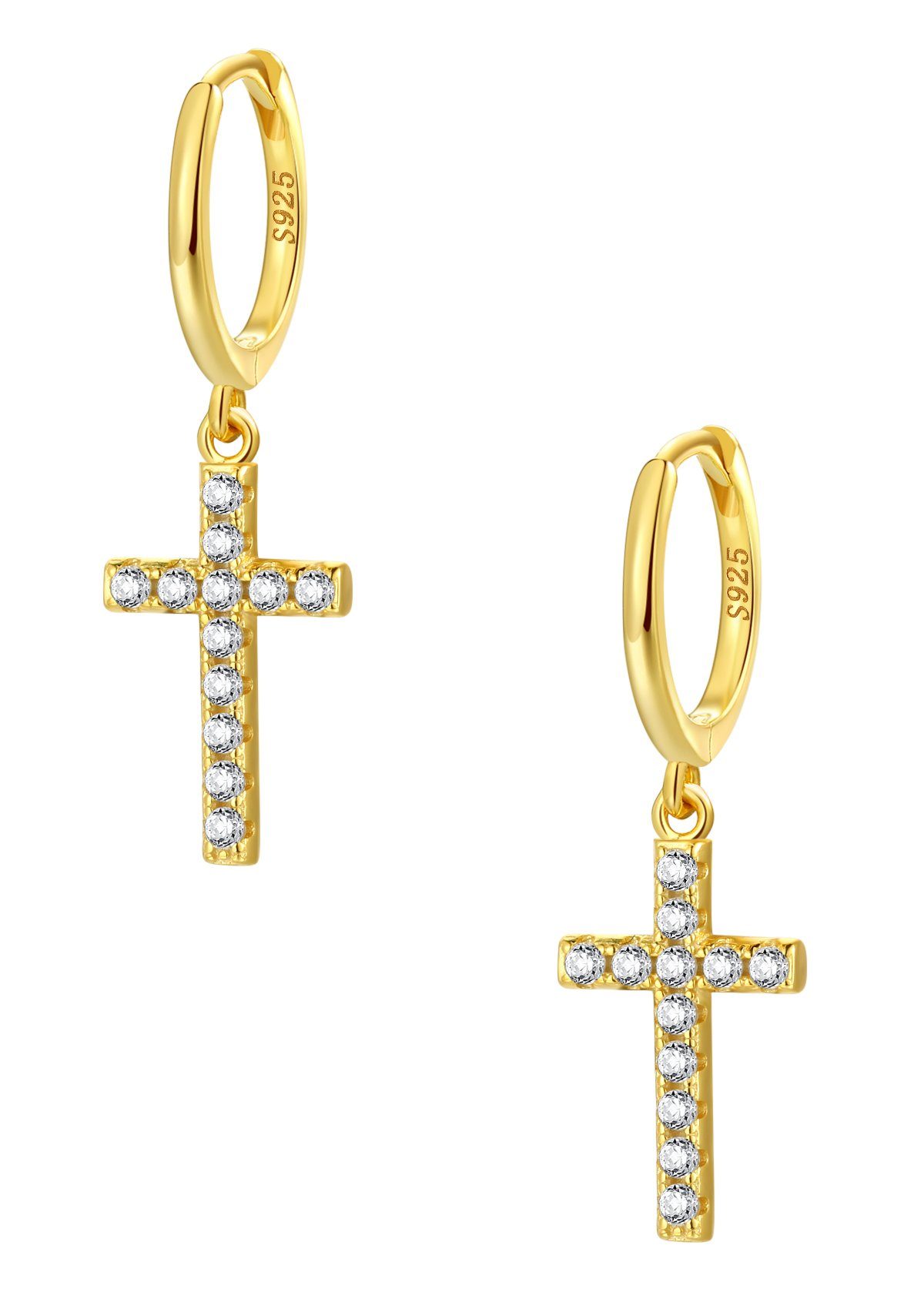 Hey Happiness Paar Сережки-кільця Сережки Damen Zirkonia Kreuz Anhänger, Vergoldete Сережки-кільця Kreuz Silber 925, Geschenk Idee