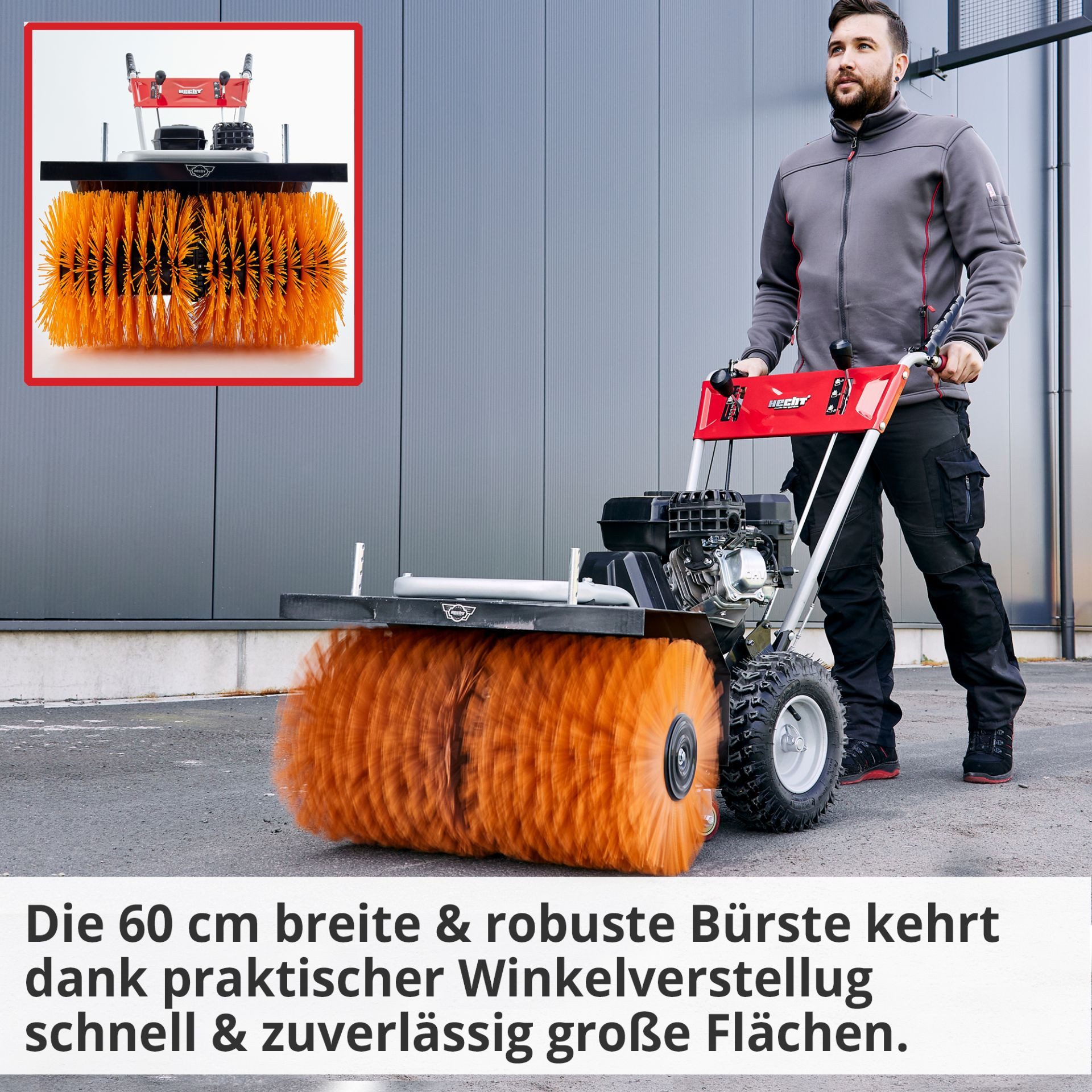 Hecht Benzin-Kehrmaschine 8615 mit Schneeschild, Auffangbox, 60 cm Arbeitsbreite, (3-tlg), 5,5 PS, mit ÖL, höhenverstellbare Bürste, 7 Gänge