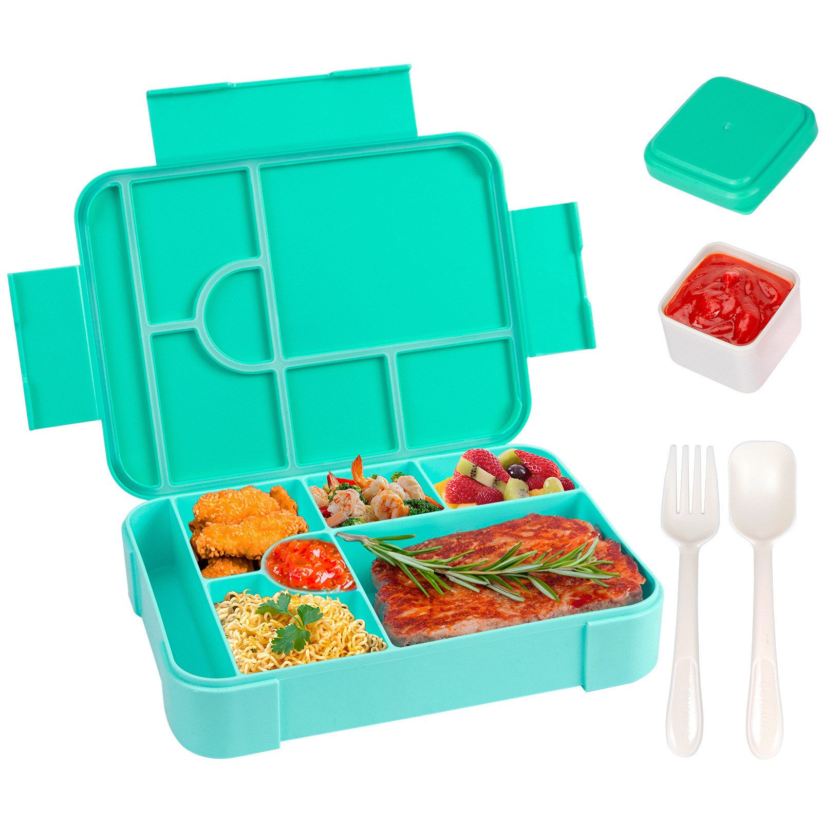 Agger Lunchbox Brotdose Kinder mit Fächern, 1330ML Jausenbox Kinder (Löffel & Gabel), Kinder Brotdose,Kinderfreundliche Verriegelung,BPA-Frei,Auslaufsicher