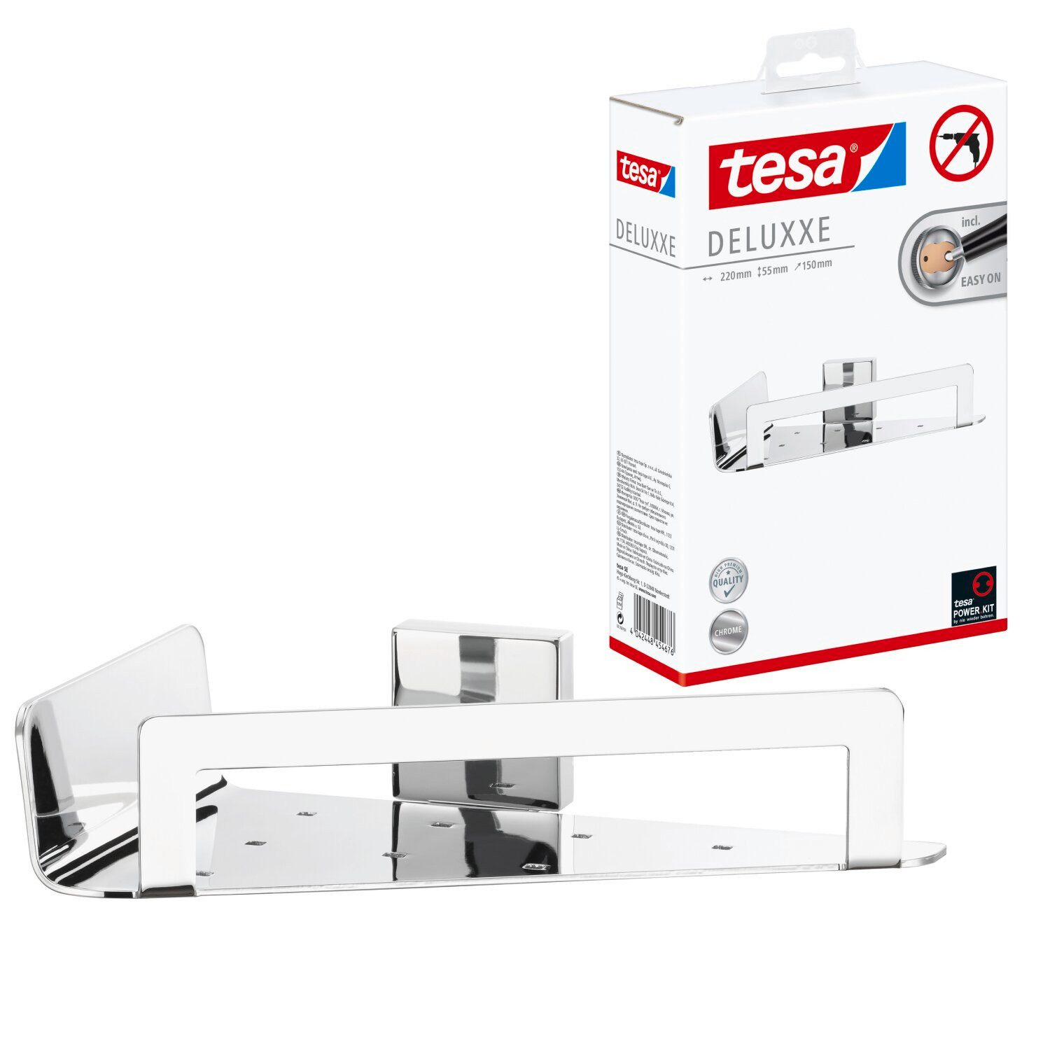 tesa Duschablage DELUXXE Duscheckkorb ohne Bohren - 5,5 cm : 22,1 cm : 14,72 cm, Packung 1-tlg., selbstklebendes Hängeregal für die Dusche - chrom - silber glänzend