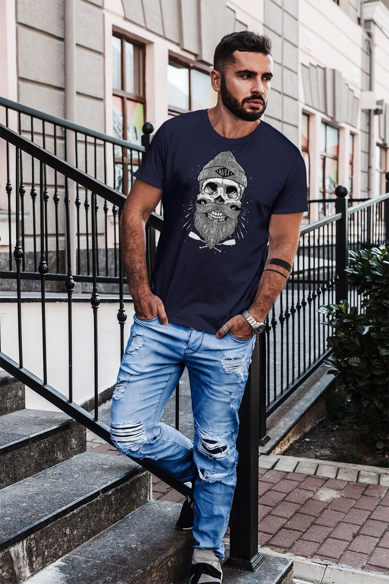Bart mit Print Print-Shirt Beard Fit navy Neverless® Herren Slim Kapitän Skull Captain T-Shirt Neverless Totenkopf