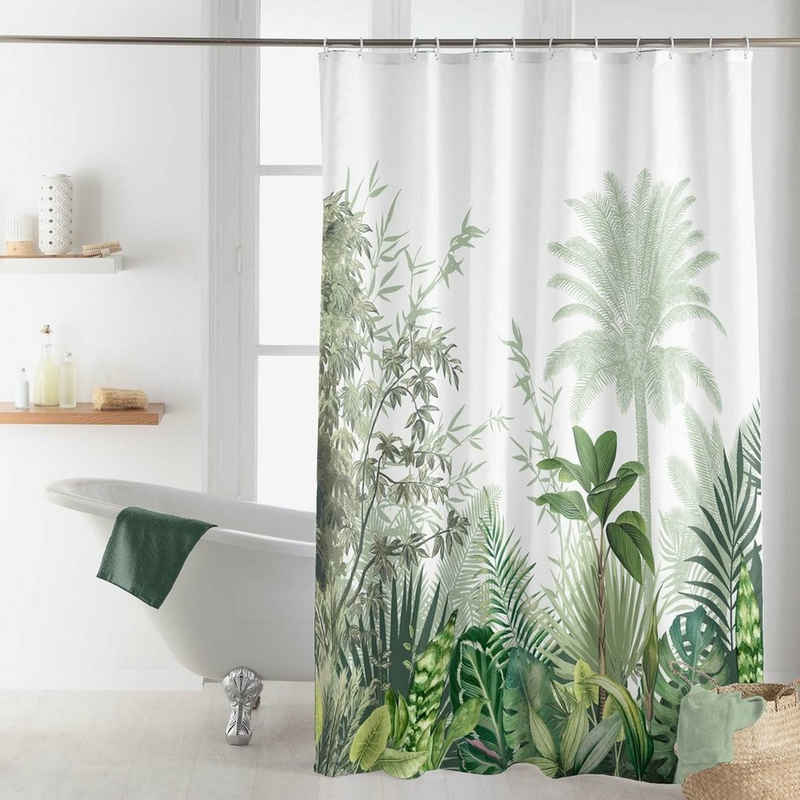 Sanixa Duschvorhang Duschvorhang weiß grün Textil 180x200 cm Dschungel wasserabweisend, Badewannenvorhang Vorhang hochwertige Qualität mit Ringen Metallösen