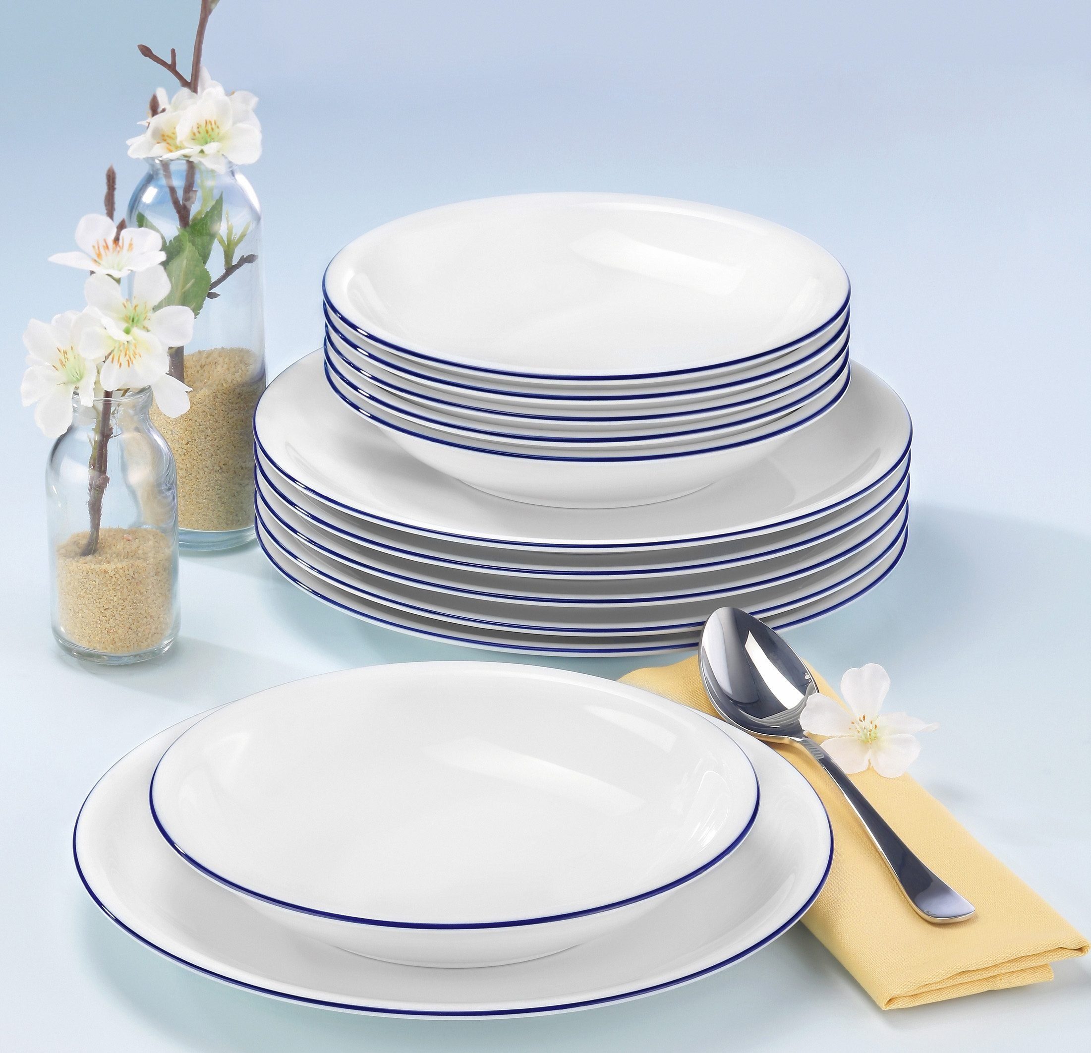 Seltmann Weiden Tafelservice Geschirr-Set, Compact Blaurand, 12 Teile (12-tlg), 6 Personen, Porzellan, Geschirr, Teller Set, Speiseteller, Suppenteller, Made in Germany