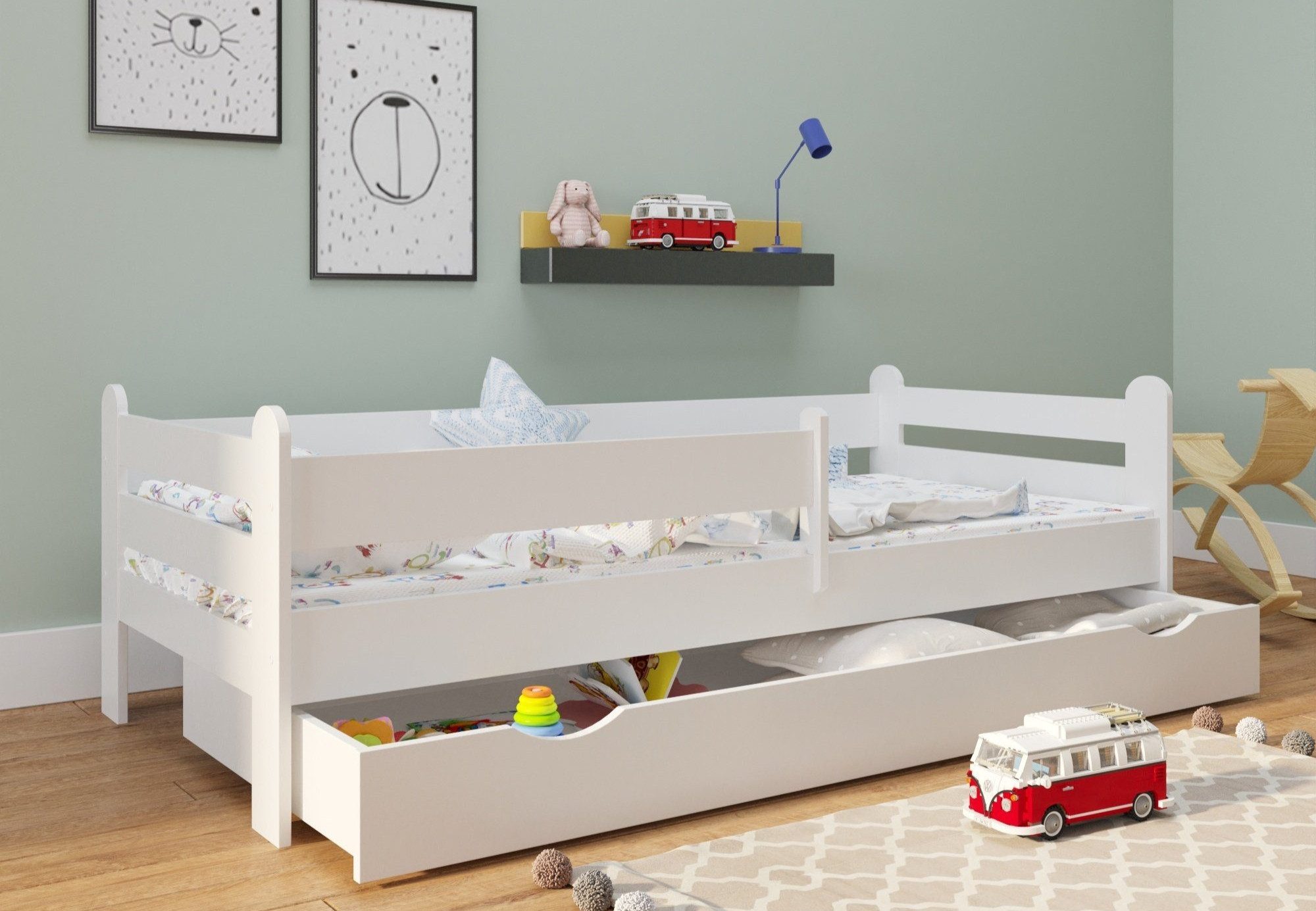 Kinderbett 80x160 80x180 90x200 mit Rausfallschutz, Schublade, Lattenrost