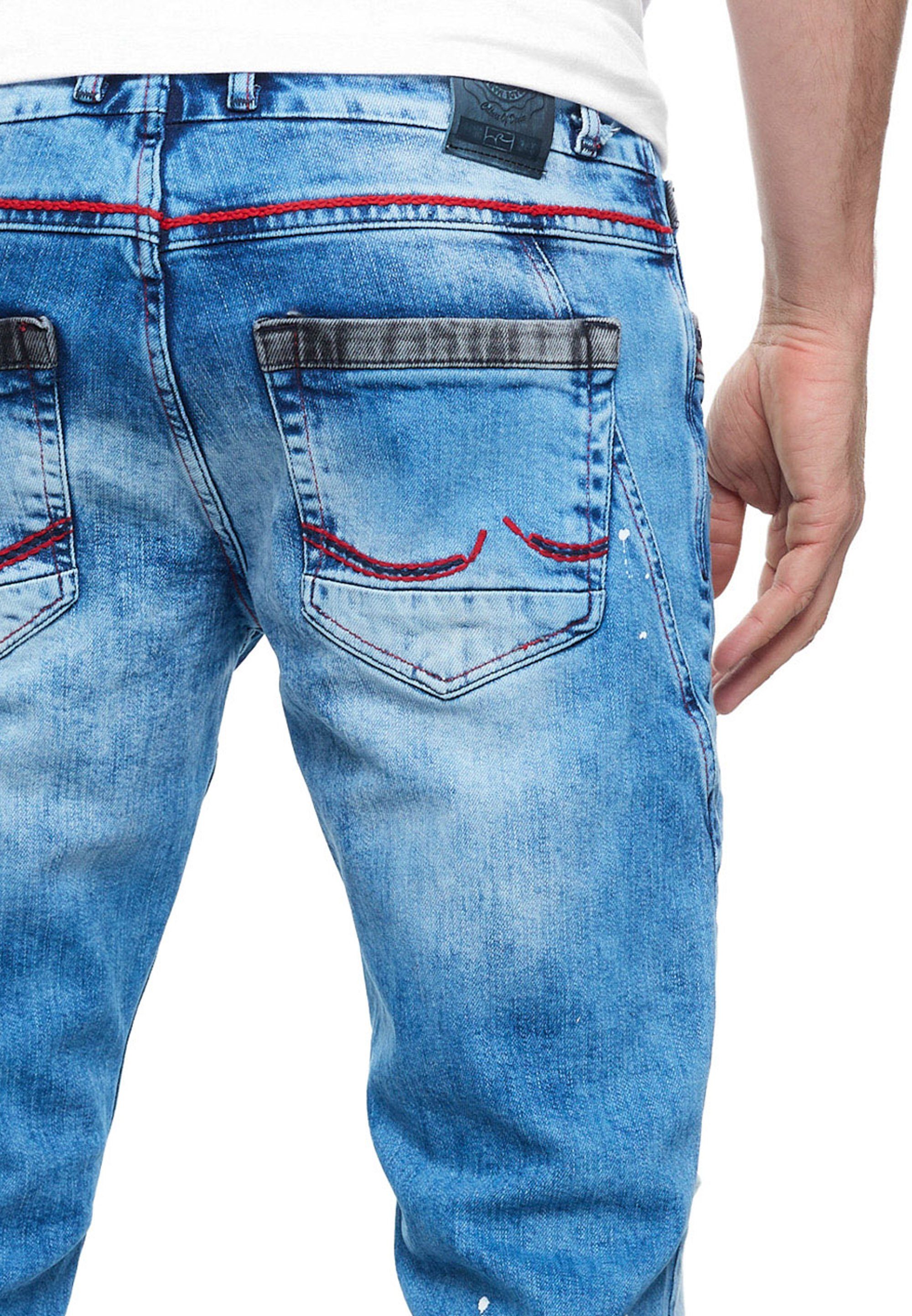 mit hellblau Straight-Jeans Neal YOKOTE Rusty farblich Details abgesetzten