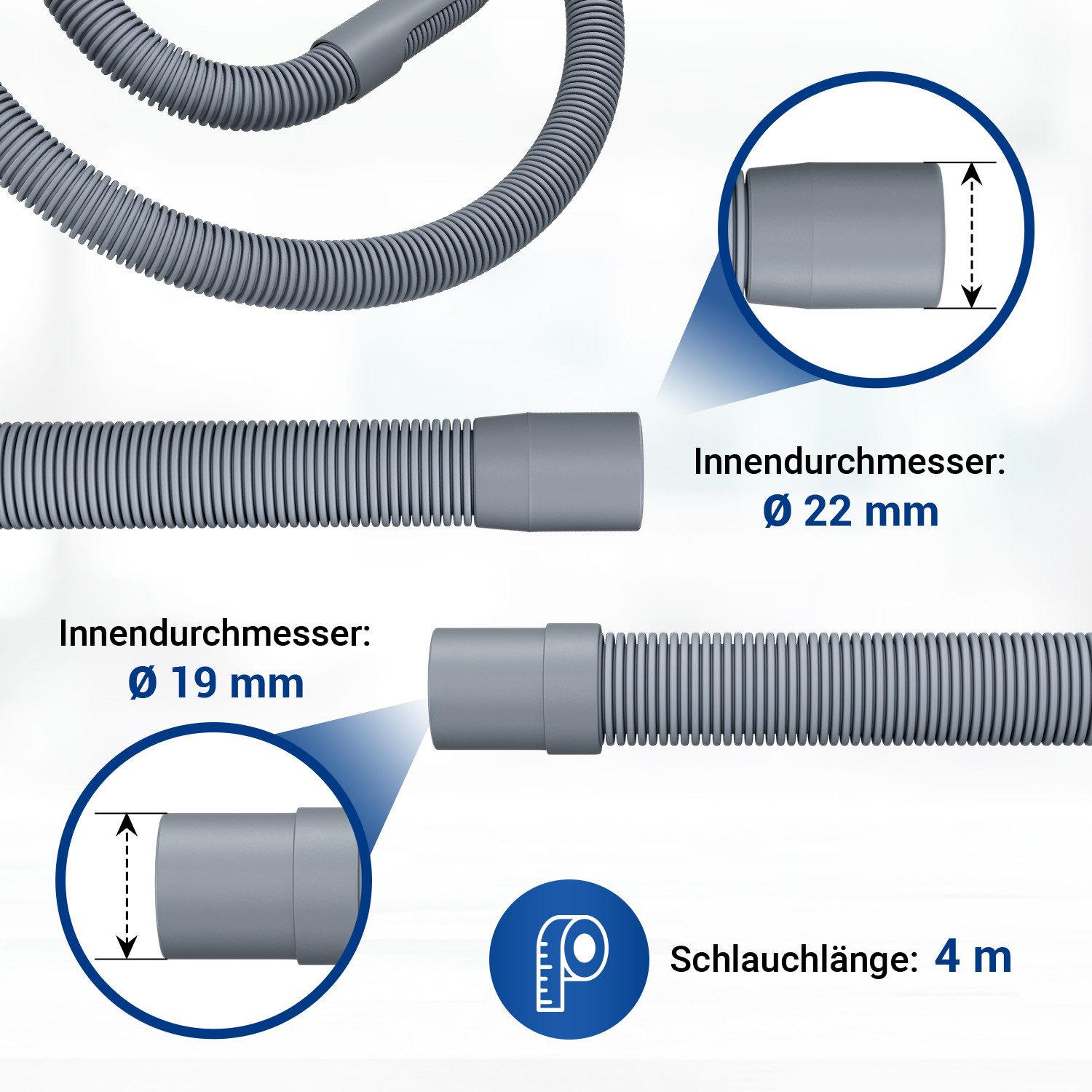 VIOKS Ablaufschlauch Abwasserschlauch 19/22 mmØ Verlängerung, Zubehör für Waschmaschine Geschirrspüler, Universal Flexibel 1,5 / 2 / 2,5 / 3 / 4 Meter