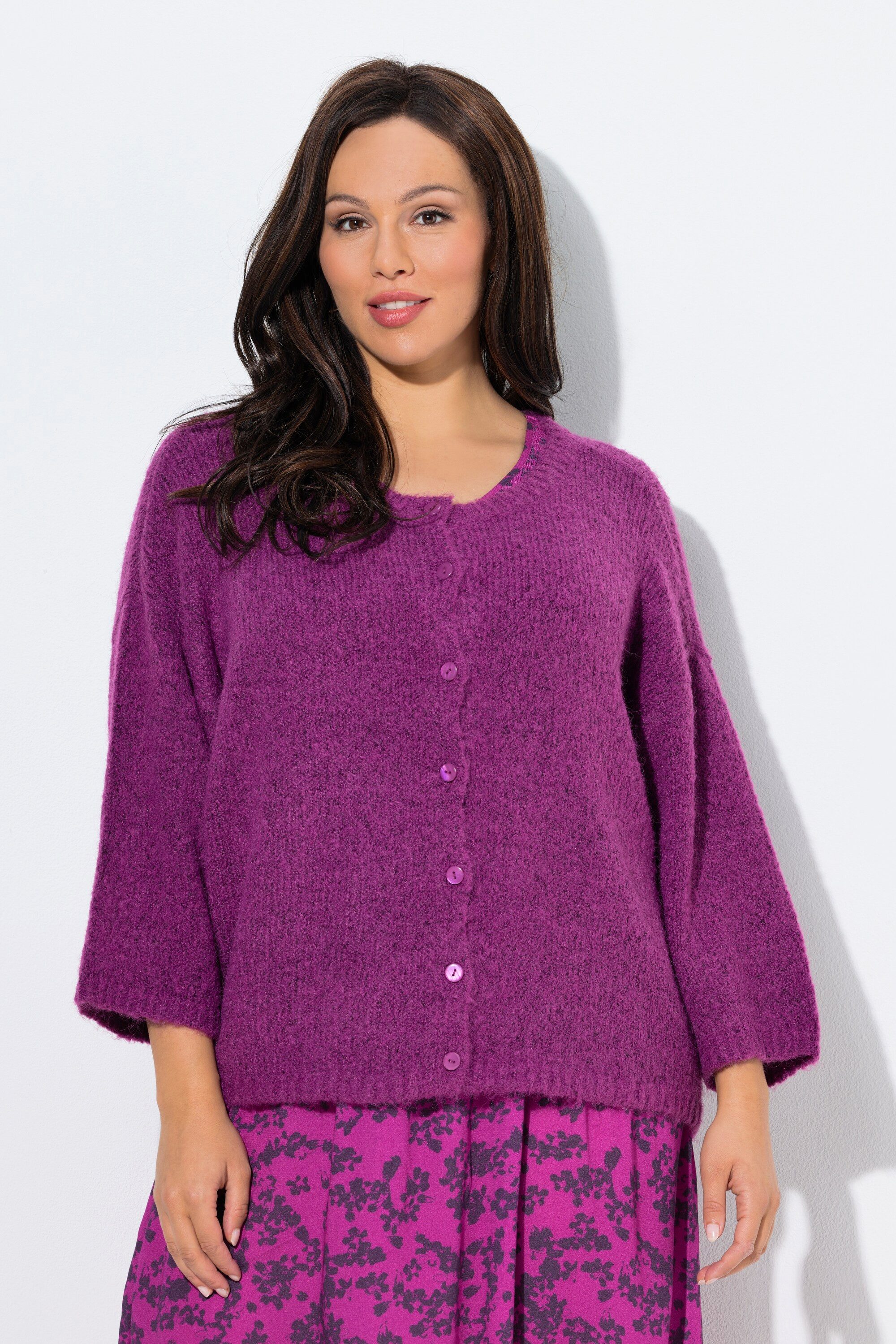 Ulla Popken Strickjacke Strickjacke Oversized Rundhalsausschnitt 3/4-Arm