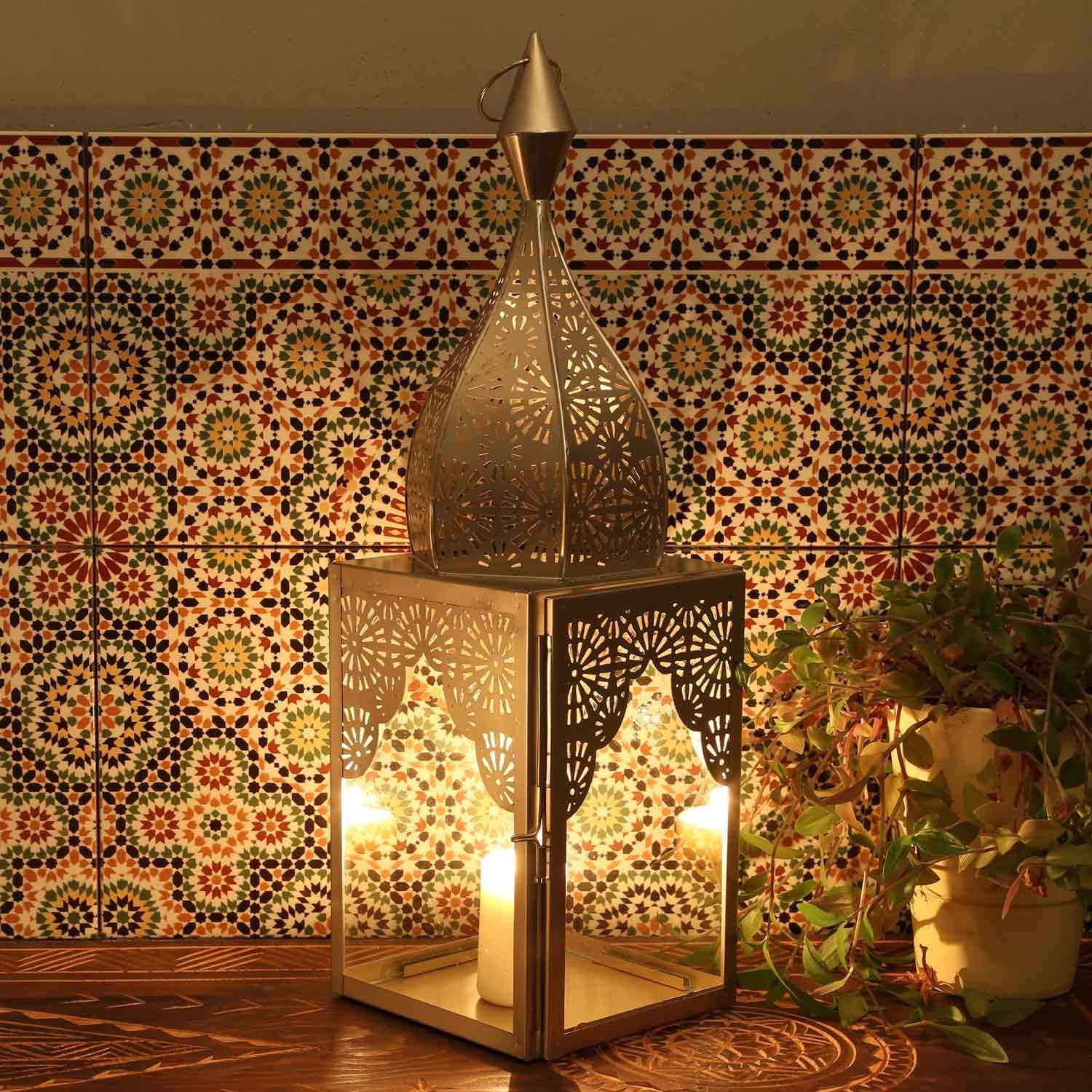 Casa Moro Windlicht Orientalisches Windlicht Modena Silber L Glas & Metall Höhe 60 cm (Form Minarette, Marokkanische Laterne), Kerzenhalter schöne Weihnachtsbeleuchtung, IRL660