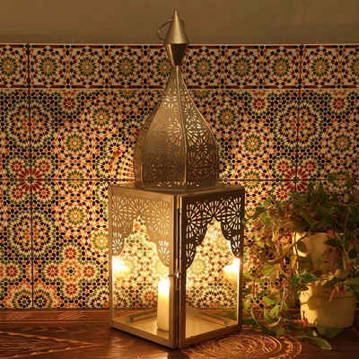 Casa Moro Windlicht Orientalisches Windlicht Modena Silber L Glas & Metall Höhe 50 cm (Form Minarette, Marokkanische Laterne, Kerzenständer wie aus 1001 Nacht), Ramadan Kerzenhalter Eid Wohn Deko IRL660
