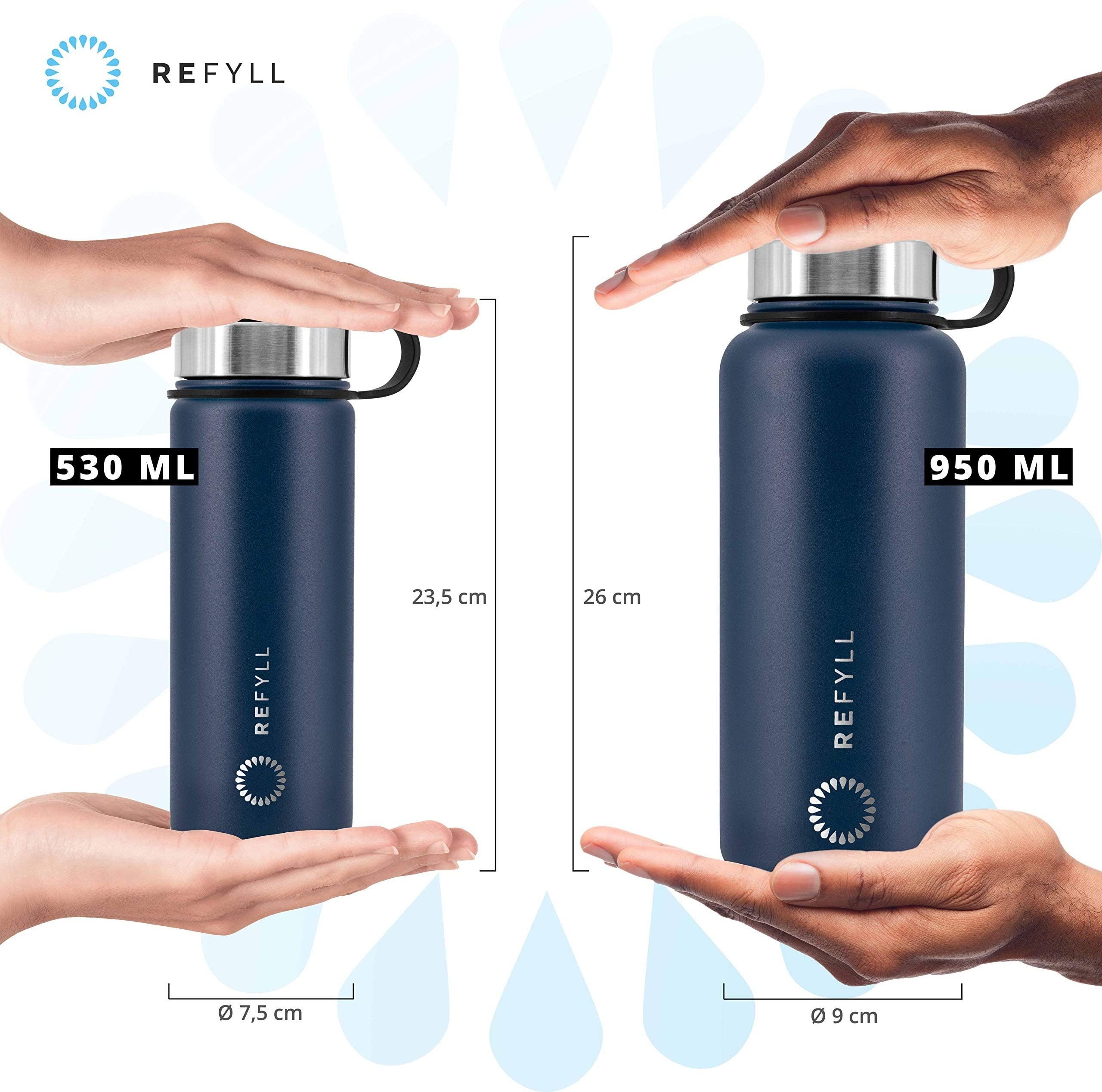 REFYLL Isolierflasche Trinkflasche Edelstahl “easyFYLL” für 500ml Wandern, Trekking Premium 500ml Thermoflasche Fitness, 1000ml, Fahrrad, Blue Space & 