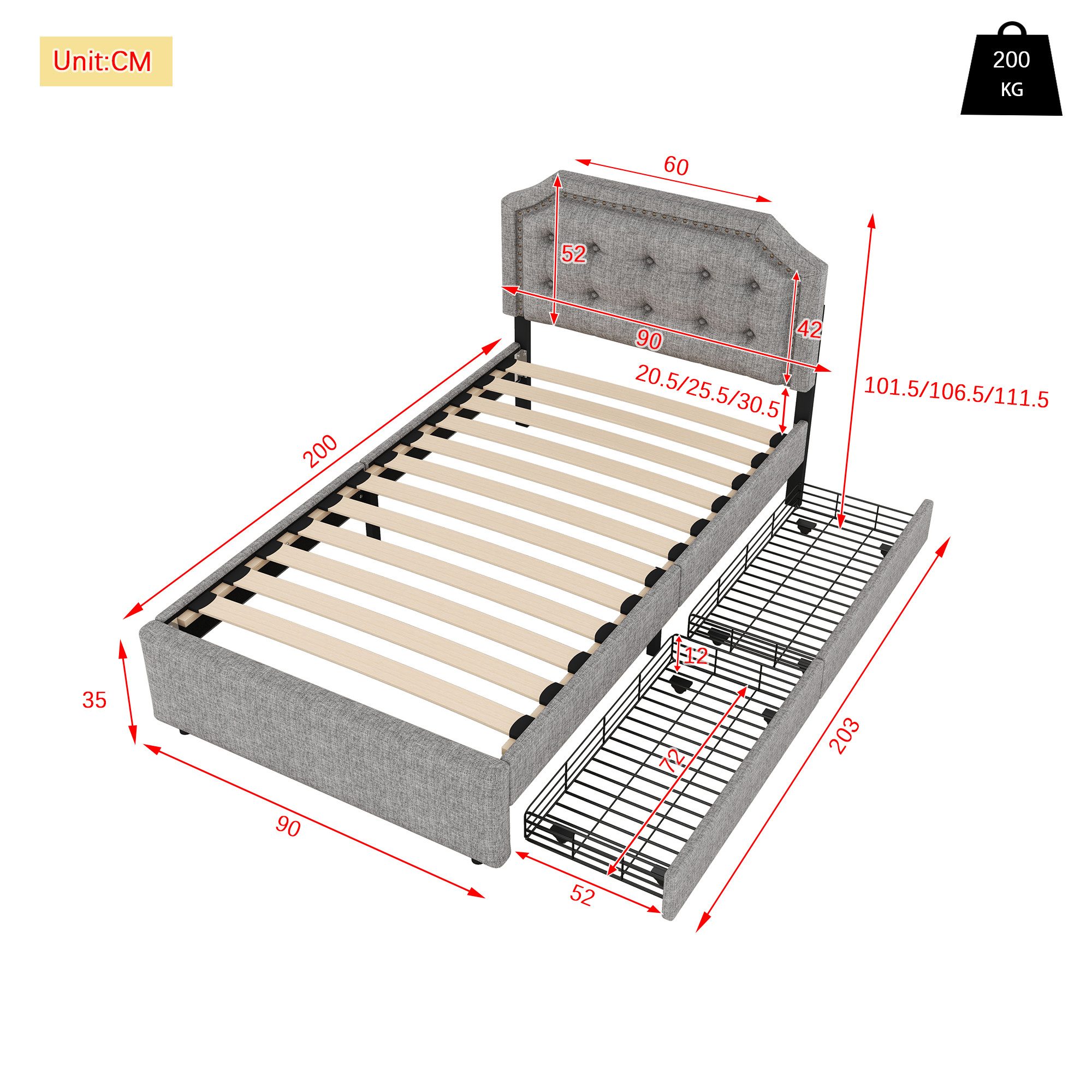 STILVORA Kinderbett 90×200 Polsterbett mit Stauraum,Bett mit Lattenrost,ohne matratze