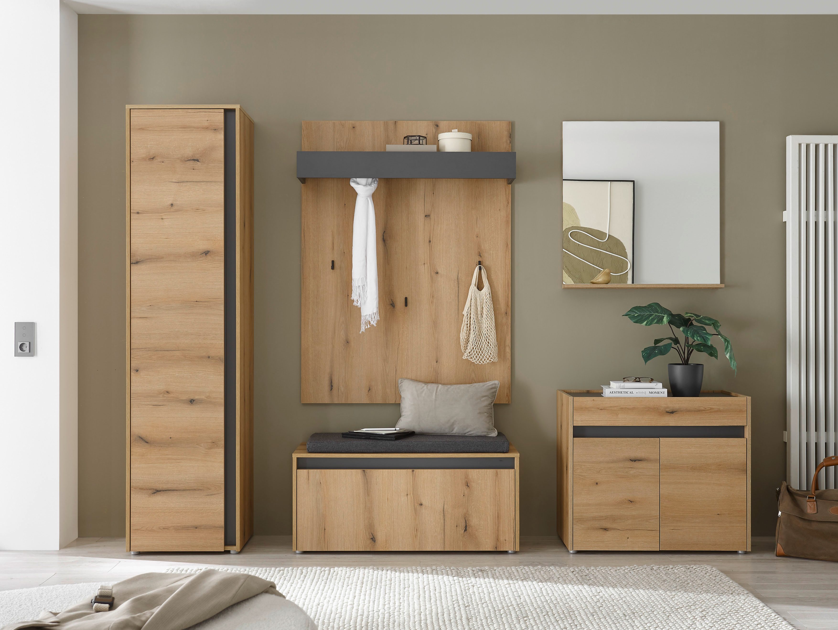 INOSIGN Шкафы-Set GIRON/CiTY, moderne Garderobe, Komplettset mit viel Stauraum, (Komplett-Set, 5-St), enthält Schrank, Kommode, Spiegel, Paneel & Schuhbank +Sitzkissen