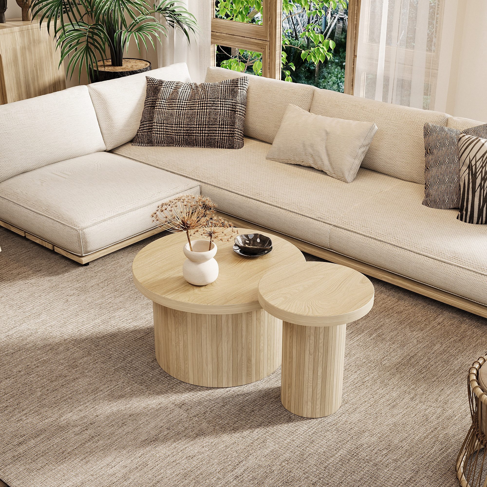 IDEASY Couchtisch (2 St) Rustikaler Couchtisch mit Naturholzlatten Runder Beistelltisch, Wohnzimmertisch, Naturholzmaserung, 66 x 66 x 40 + 40 x 40 x 46 cm