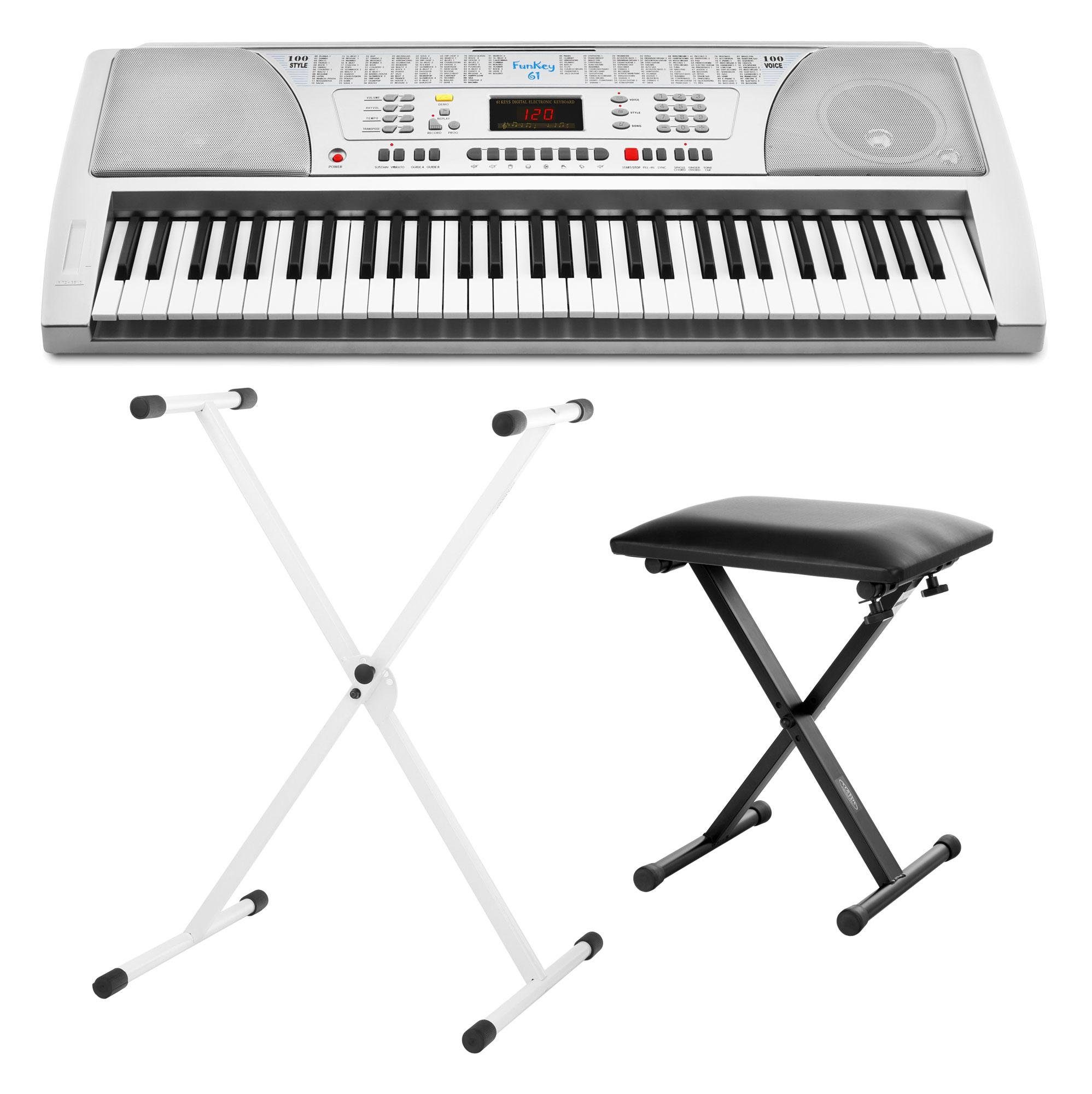 FunKey Home Keyboard FK-61 - 61 Tasten Einsteiger-Keyboard, (Spar-Set, 3 tlg., inkl. Keyboardständer Weiß und Keyboardbank), Begleitautomatik mit 100 Rhythmen