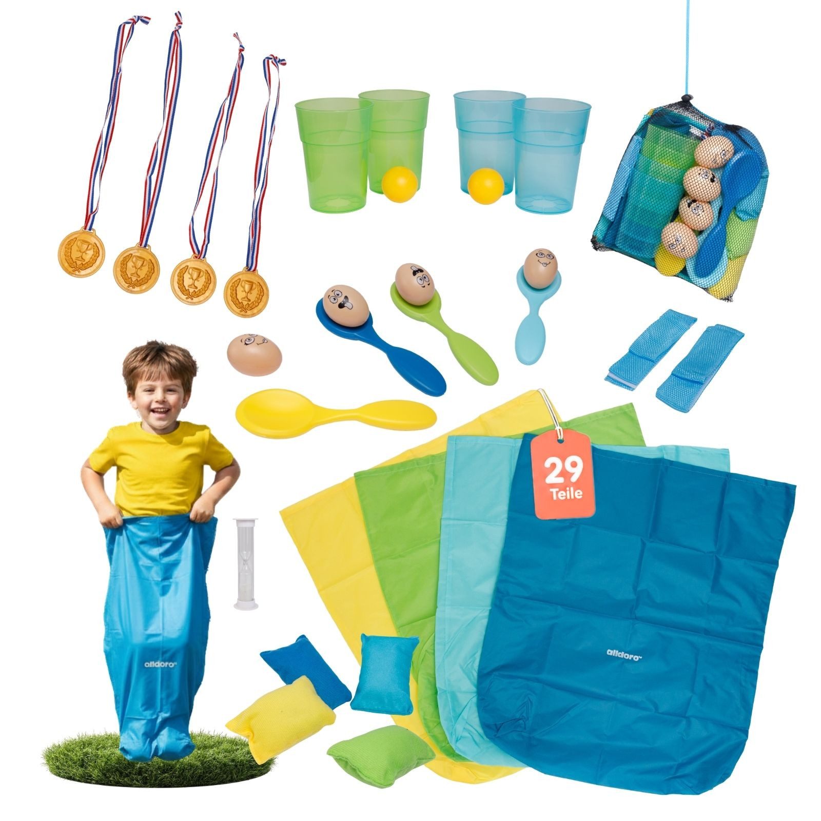 alldoro Spielesammlung XXL Partyspiele Set für Kinder, Spielesammlung für Kindergeburtstag, 29-teilig mit Sackhüpfen, Eierlauf, Medaillen und vielem mehr