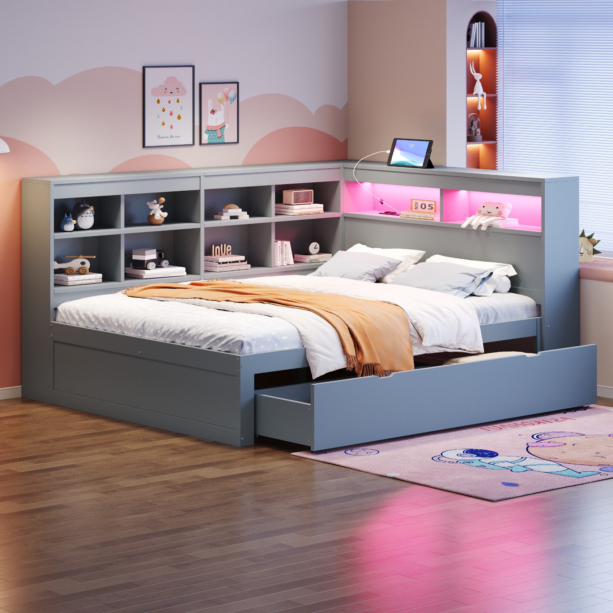 Flieks Massivholzbett, LED Doppelbett 140x200cm mit Stauraum, USB-Aufladen und Schublade – Bild 2 von 5