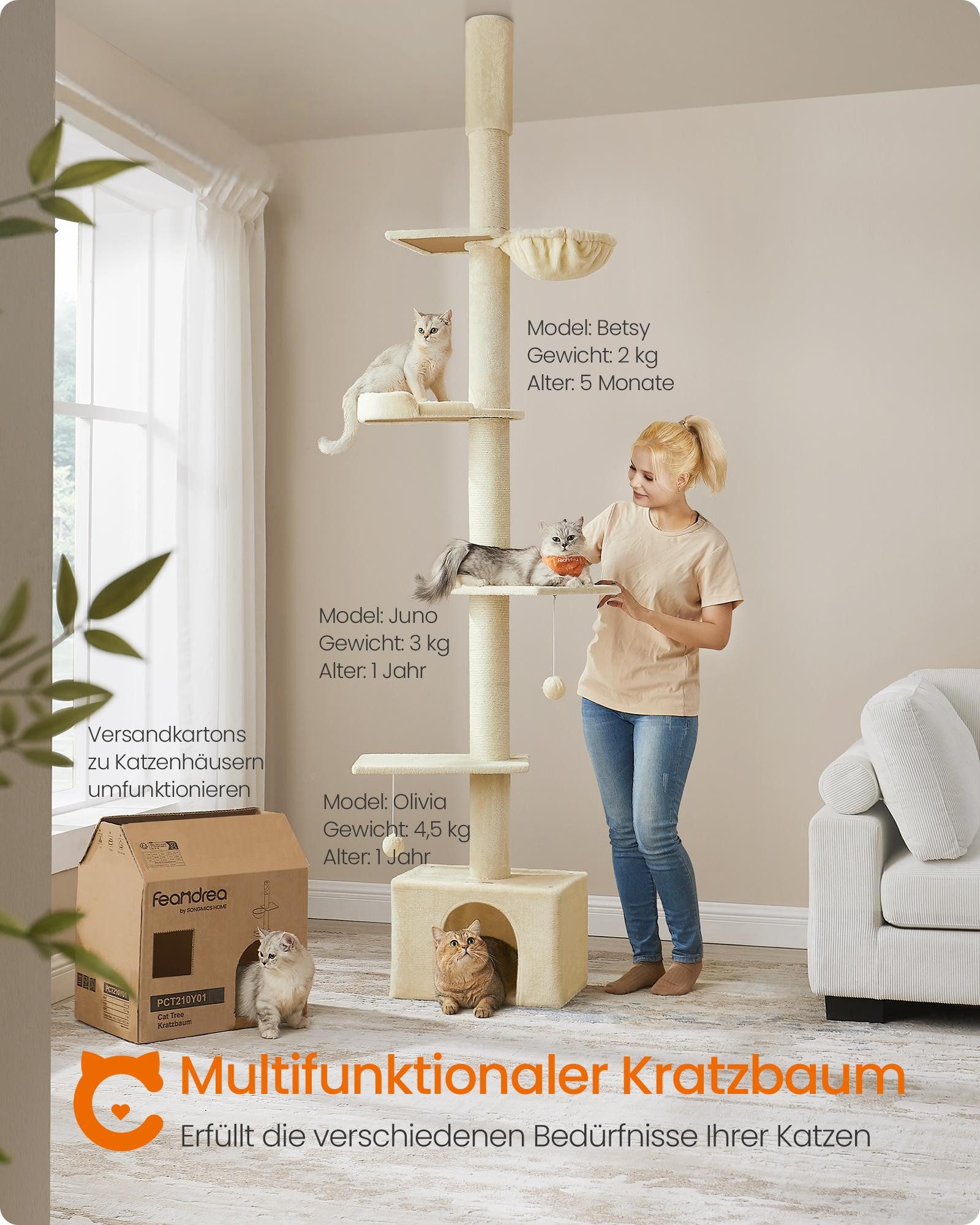 FEANDREA Kratzbaum deckenhoher, höhenverstellbarer Katzenkratzbaum, mehrstufig, 11 cm dicke Stämme, Höhle, Liegemulde, Plattform, 231-291 cm, XXL