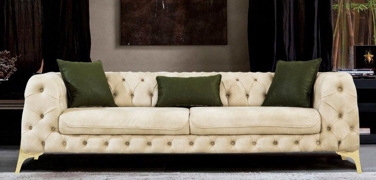 Casa Padrino Chesterfield-Sofa Luxus Chesterfield Schlafsofa Cremefarben / Gold 250 x 95 x H. 72 cm - Modernes Wohnzimmer Sofa - Chesterfield Wohnzimmer Möbel