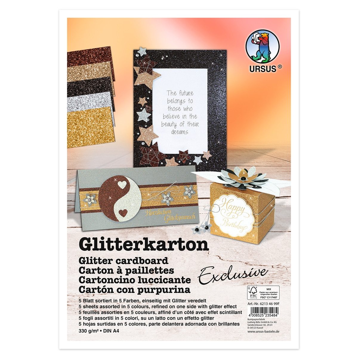 Ursus - Ludwig Bähr Bastelkartonpapier URSUS Glitterkarton Exclusive 5 Blatt 330g/m² DIN A4