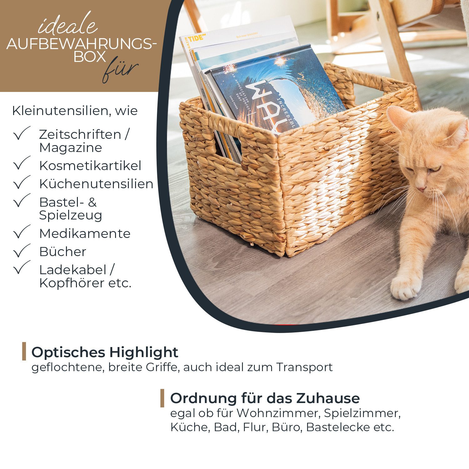 HMF Aufbewahrungskorb Aufbewahrungskorb Wasserhyazinthe, Korb mit Griffen zur Aufbewahrung (1 St), für Badezimmer Küche und Wohnbereich, Größe L, 36 x 28 x 20 cm, Natur