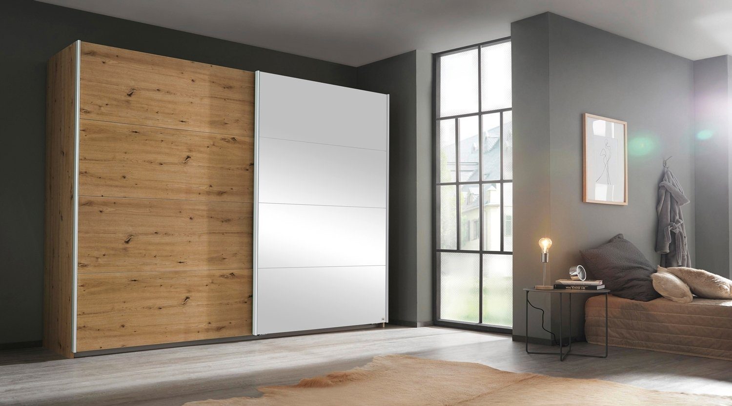 rauch Schwebetürenschrank QUADRA, Artisan Eiche Dekor, B 226 cm x H 210 cm,  2 Türen, mit Spiegel