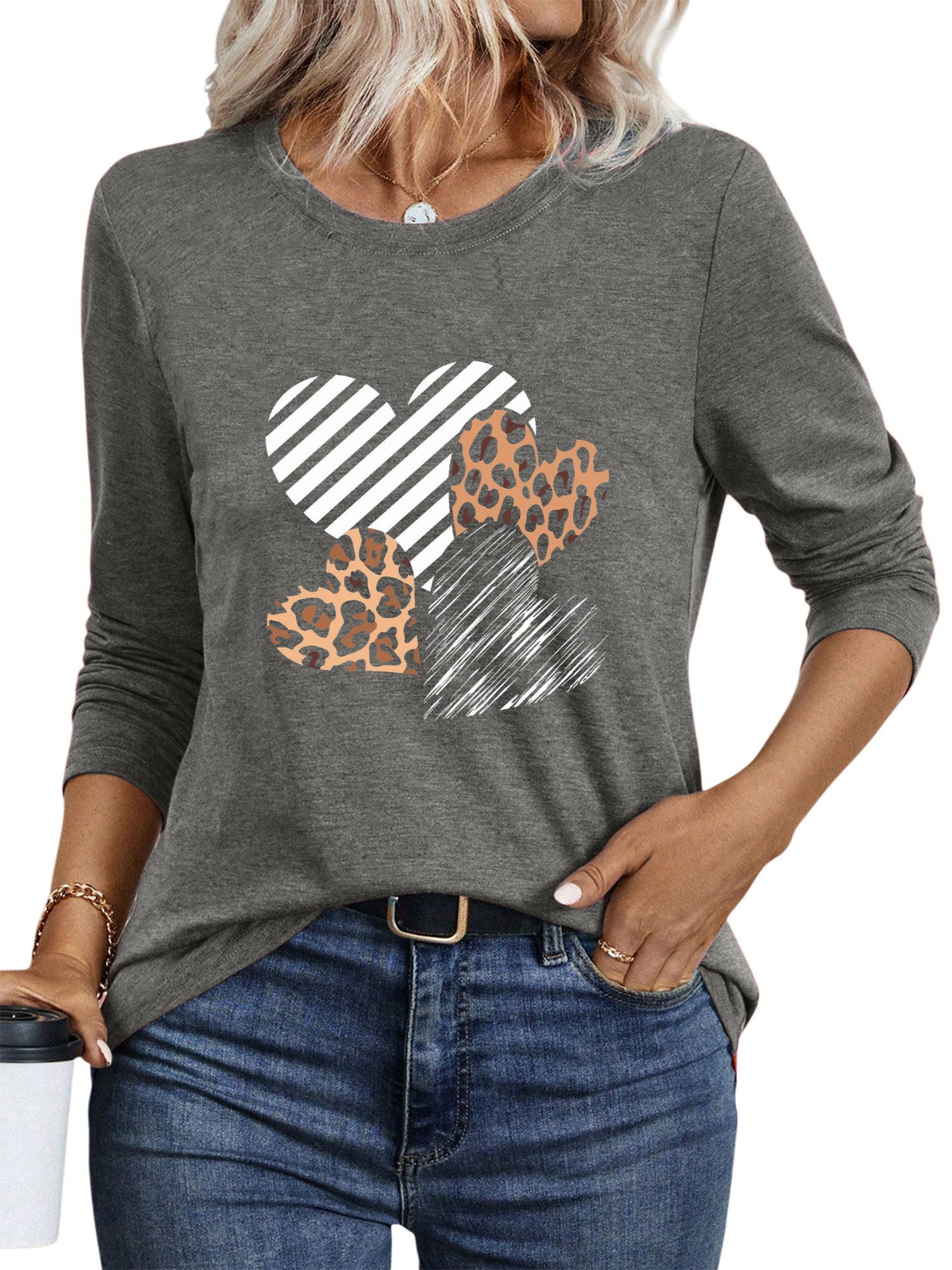 PYLIKE Longsleeve Футболки Damen Casual Graffiti-Herz Ausgefallene bequemes Langarmshirt Geeignet für den täglichen Gebrauch im Büro und zu Hause