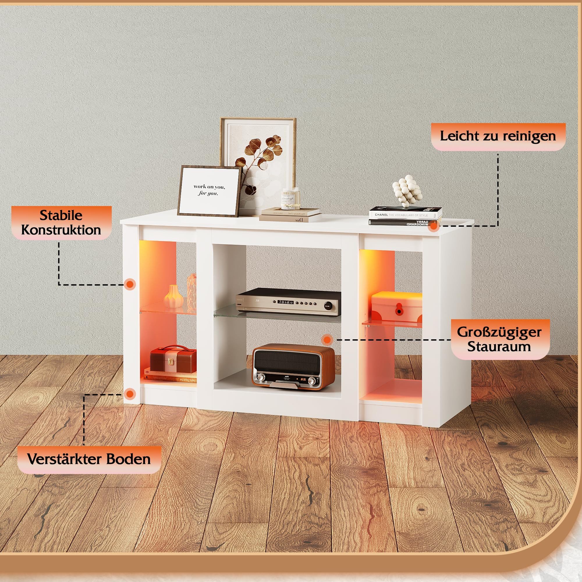 WLIVE Lowboard TV-Schrank mit RGB-LED (22 Modi), 3 offene Fächer & verstellbare, 100 × 40× 56 cm, modern & stabil – Bild 5 von 5