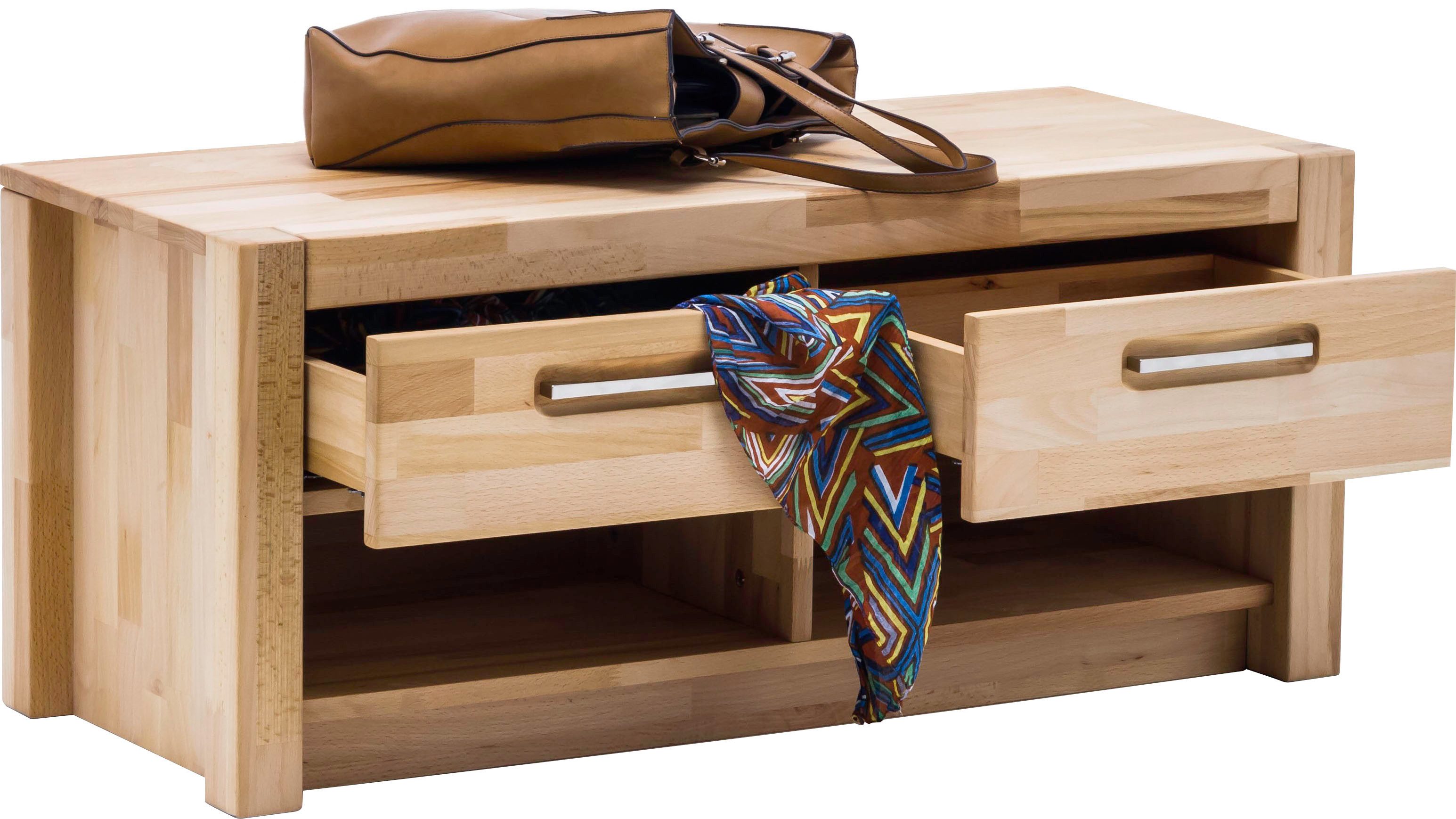 MCA living Garderobenschrank Fenja Garderobenbank, Flurbank, Bank, Ablagebank - Breite 100 cm (1-St) Massivholz, Kernbuche,2 offene Fächer, 2 Schubkästen, Made in Europe