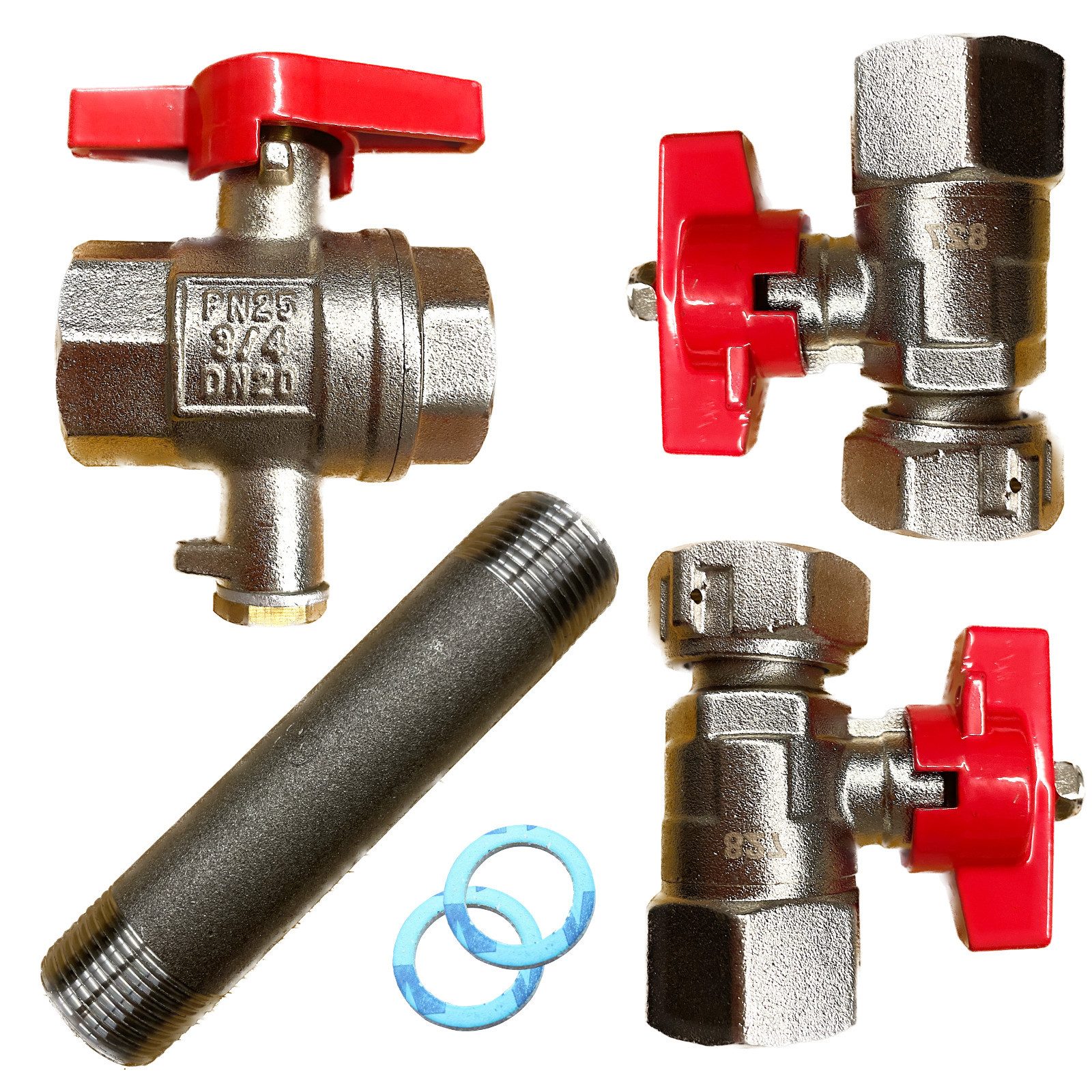 ZAEHLER.de Kugelhahn Einbausatz für Wärmezähler inkl. Passstück & Dichtungen DN15-20-25-32, max. 25 bar, (Einbau-Set für Wärmemengenzähler und Kältezähler, 3 Kugelhähne, Passstück und Dichtungen), robust und langlebig, für 5,0 und 5,2mm Fühler-Ø