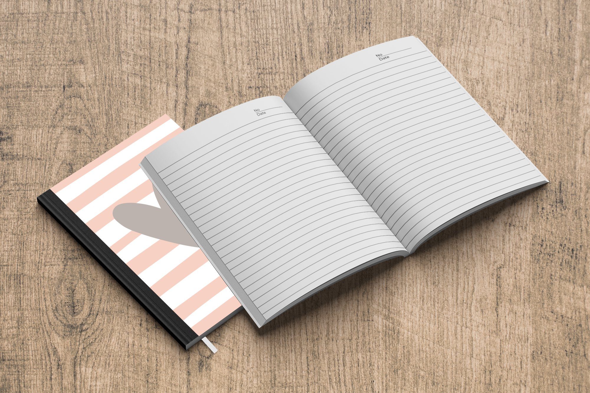 Notizbuch 98 Journal, Herzens A5, eines einem gestreiften, Haushaltsbuch auf Notizheft, Tagebuch, Seiten, Merkzettel, grauen Illustration weiß-rosa MuchoWow