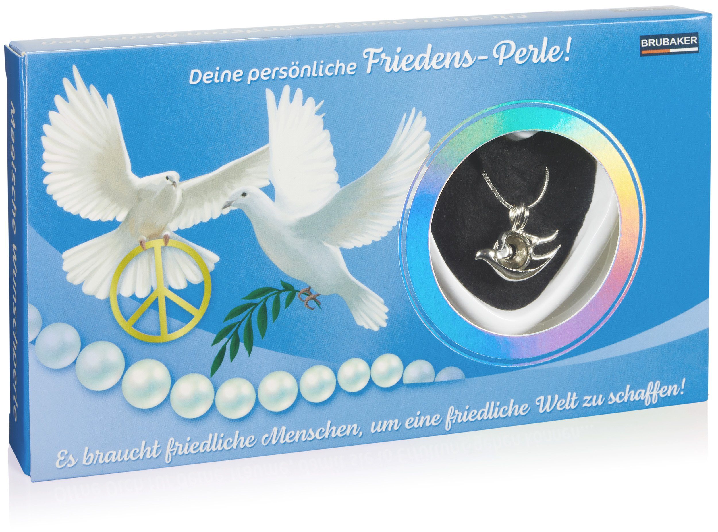 BRUBAKER Perlenketten-Set Deine Persönliche Wunschperle - Frieden (Geschenkset für die Freunde und Familie - Friedens-Perle, Muschel mit echter Perle als Ювелирные изделия - Set), Halskette mit Silber Friedenstaube Anhänger