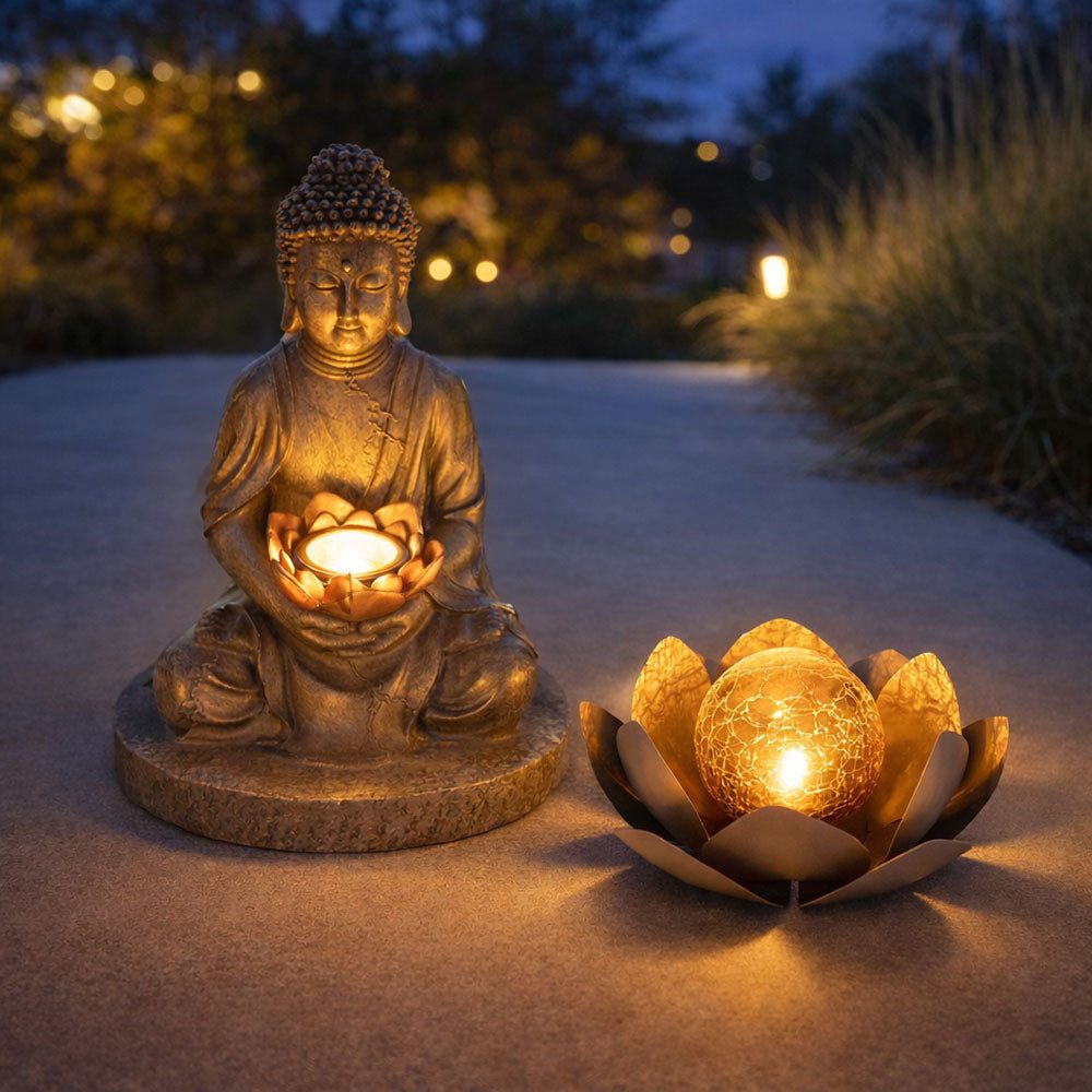 GLOBO LIGHTING LED Solarleuchte, LED-Leuchtmittel fest verbaut, Warmweiß, Solarleuchte Buddha Feng Shui Außen Solarblume Aussen Lotusblume Solar