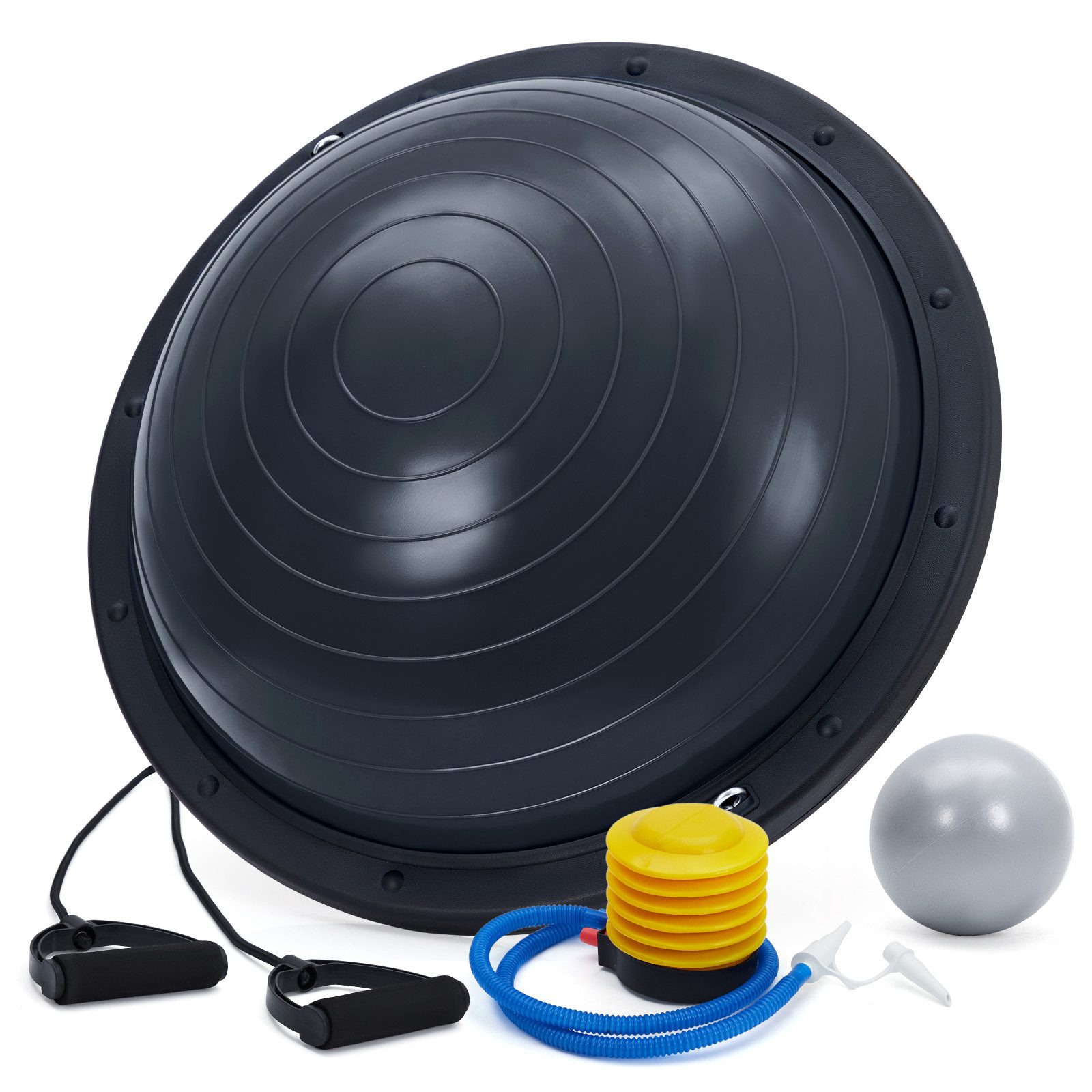 GarveeMore Half Ball Balance-Trainer Halbkugel Set aus PVC, Ø 64 cm, Höhe 22 cm, inkl. 2 Widerstandsbänder, Fußpumpe & Pilatesball (25 cm)