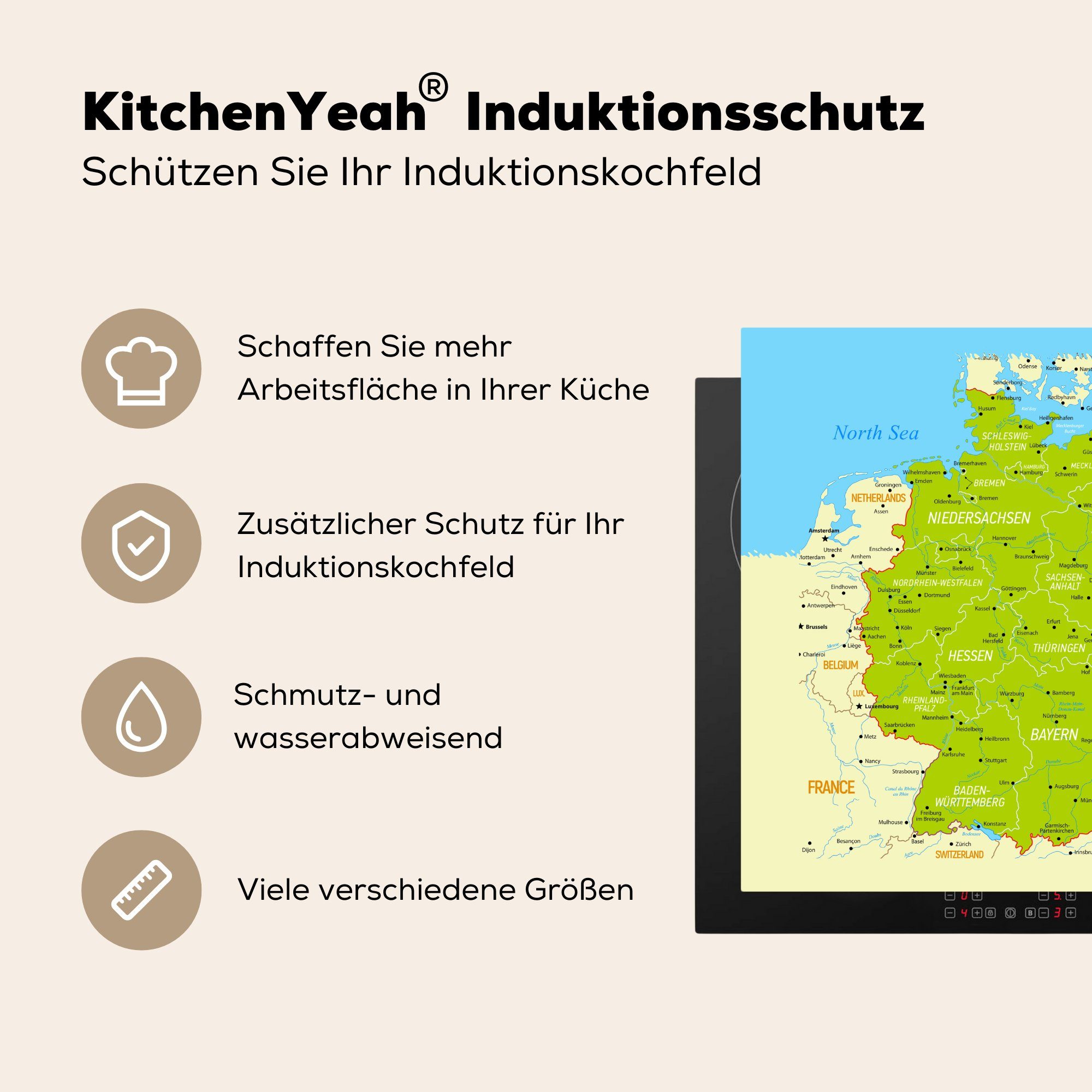 Herdblende-/Abdeckplatte cm, Bunte küche MuchoWow Vinyl, Deutschlandkarte, 78x78 (1 Ceranfeldabdeckung, tlg), für Arbeitsplatte