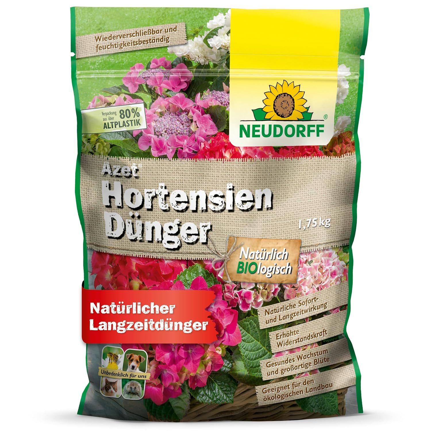 Neudorff Pflanzendünger Azet HortensienDünger 1,75 kg, Granulat gleichmäßig im Wurzelbereich verteilen, leicht einarbeiten und anschließend gut wässern., Organischer Hortensiendünger mit MyccoVital Langzeitwirkung