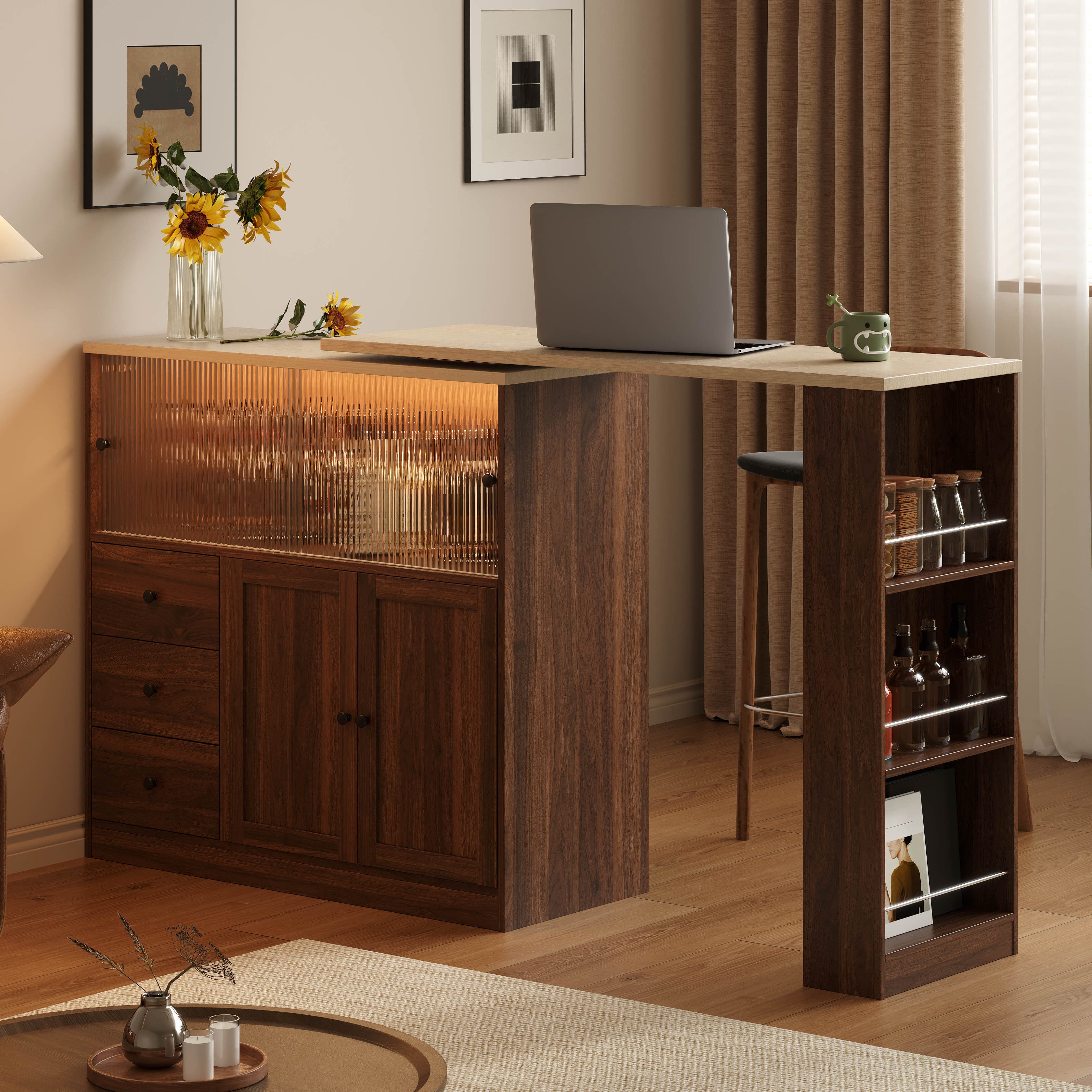 Odikalo Kücheninsel Küchenschrank Sideboard LED 360°-Drehtisch Schublade gehärtetem Glas, (Stationäre Aufbewahrungsschrank Bartisch mit Schublade und Schiebetür aus gehärtetem Glas für Esszimmer und Hausbar)