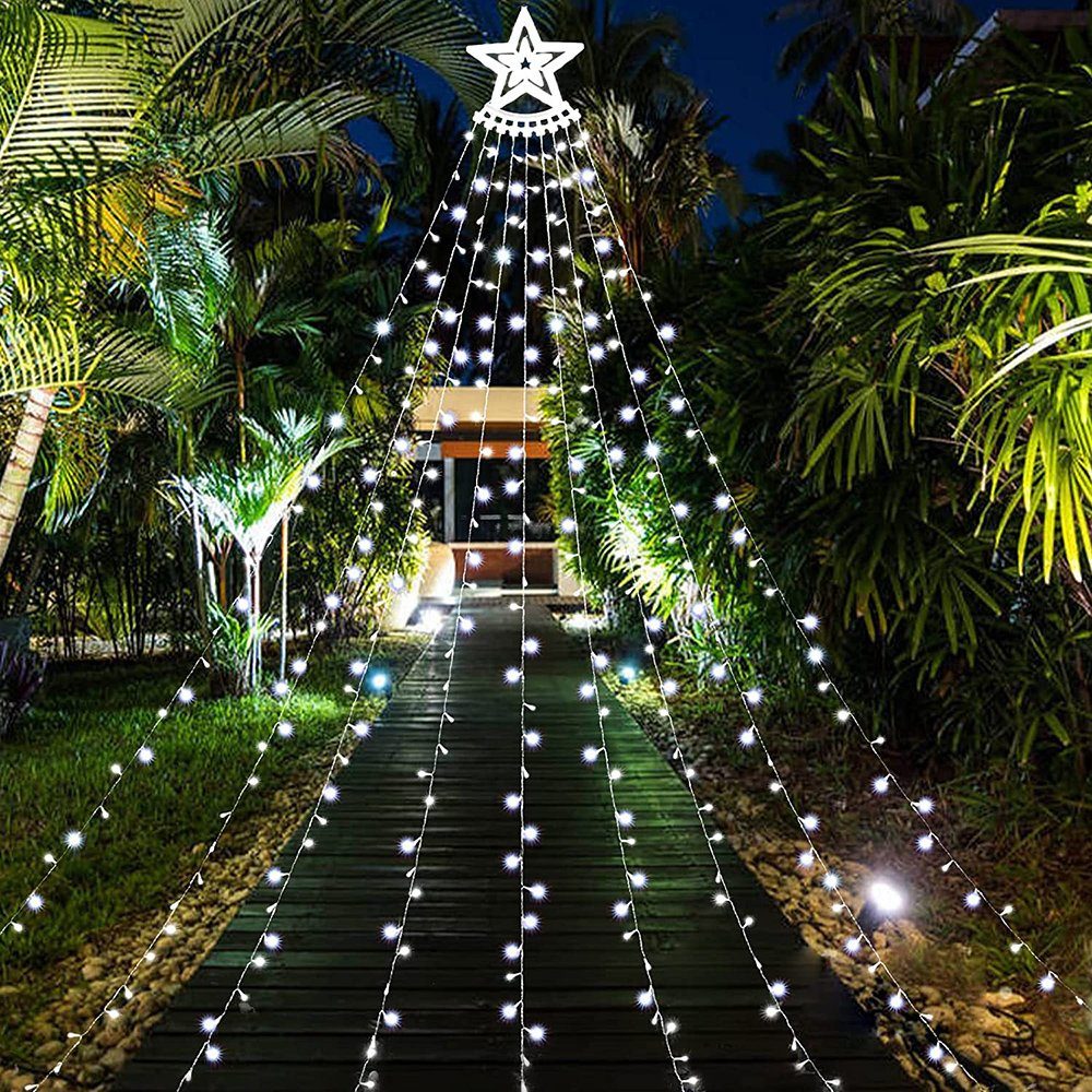 Rosnek LED-Lichterkette 9 Stränge*3.4M, 8 wasserdicht, für Modi, Weihnachten Stern Weiß mit Topper Garten Deko, Wasserfall-Weihnachtsbaumlichter